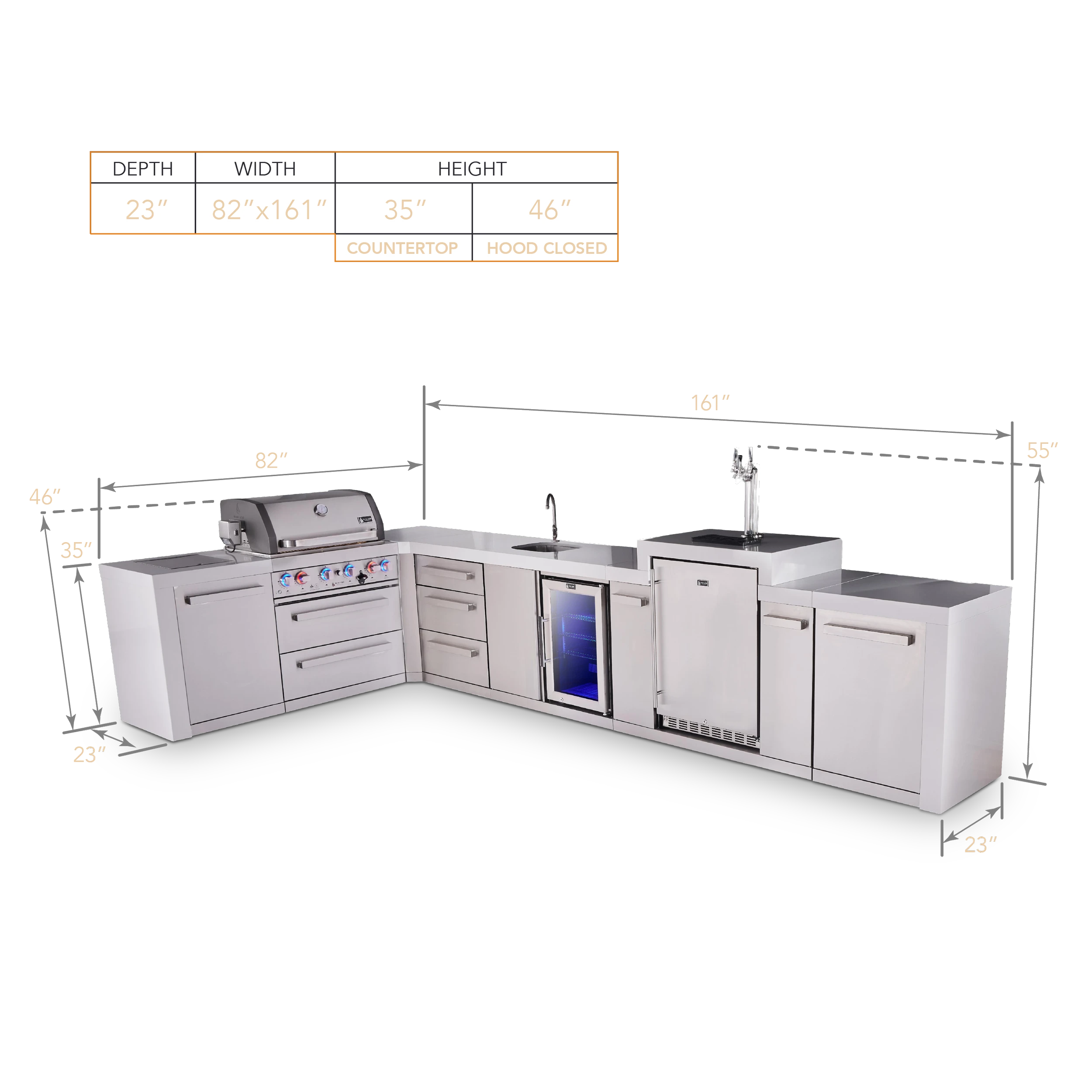 4-burner L-shaped Deluxe Series Outdoor Kitchen Island With Beverage Center, Kegerator And Extra Drawer Slides Cabinet MAI400D90KEGBEVDR