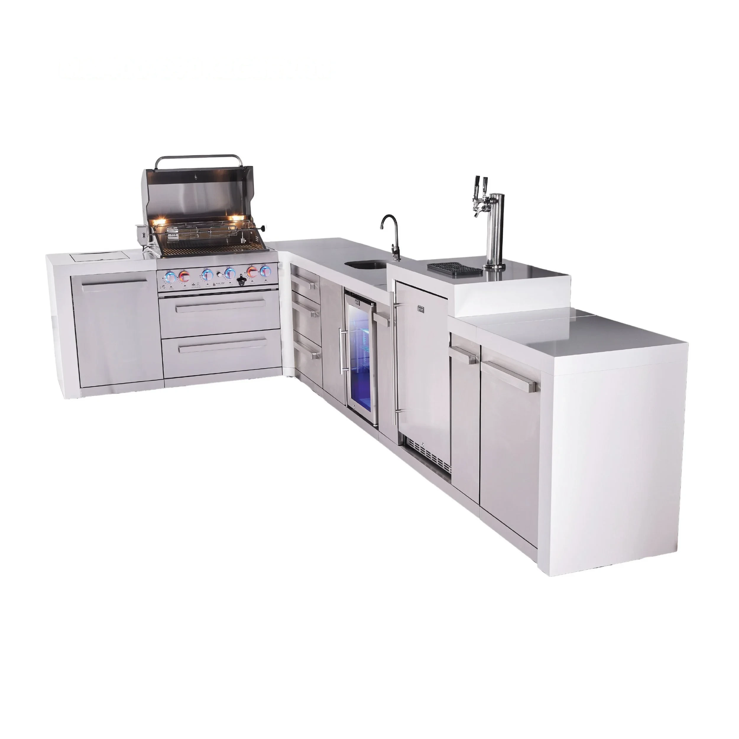 4-burner L-shaped Deluxe Series Outdoor Kitchen Island With Beverage Center, Kegerator And Extra Drawer Slides Cabinet MAI400D90KEGBEVDR