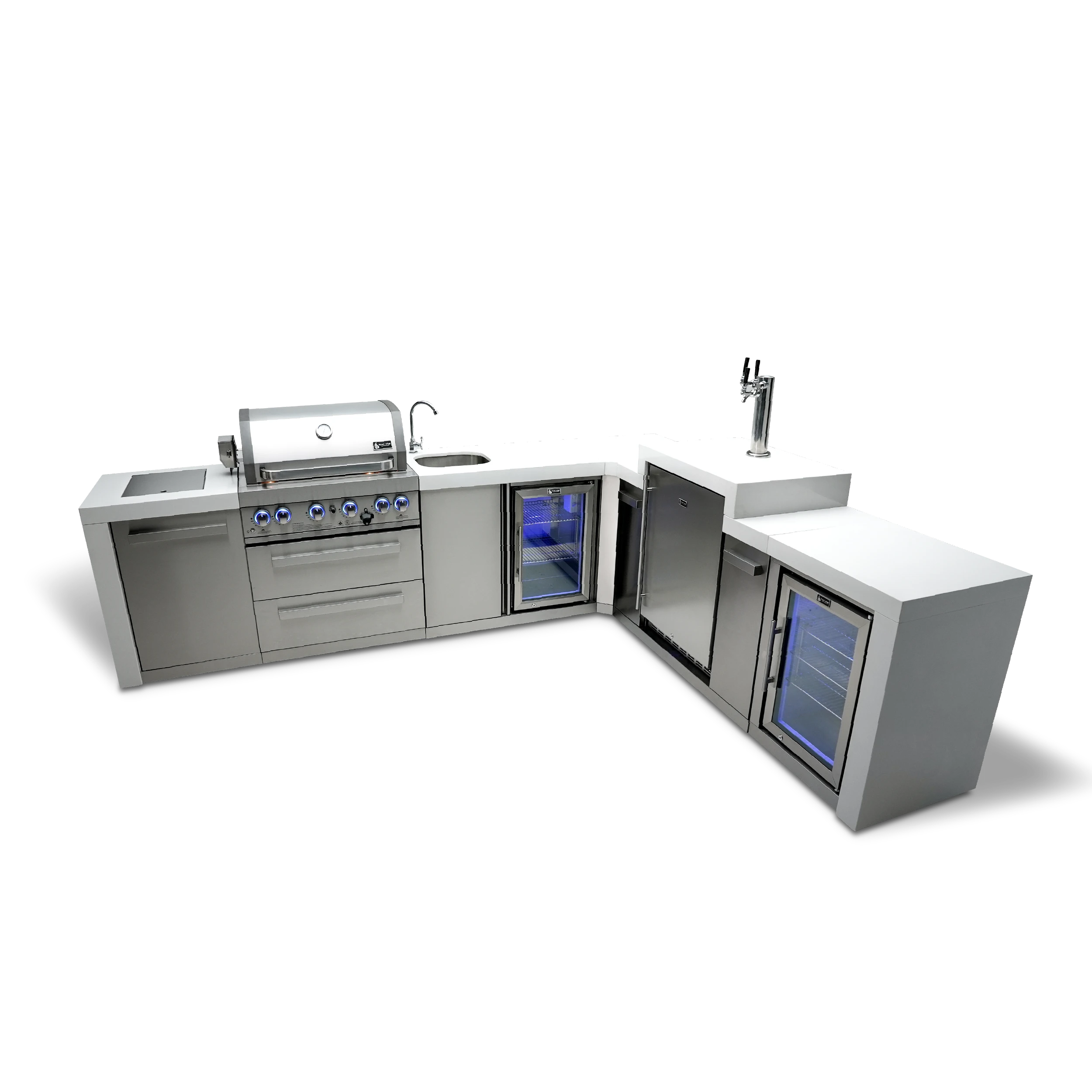 4-burner Deluxe Island With A 90-degree Corner, Kegerator, Beverage Center And Fridge Cabinet MAI400D90KEGBEVFC