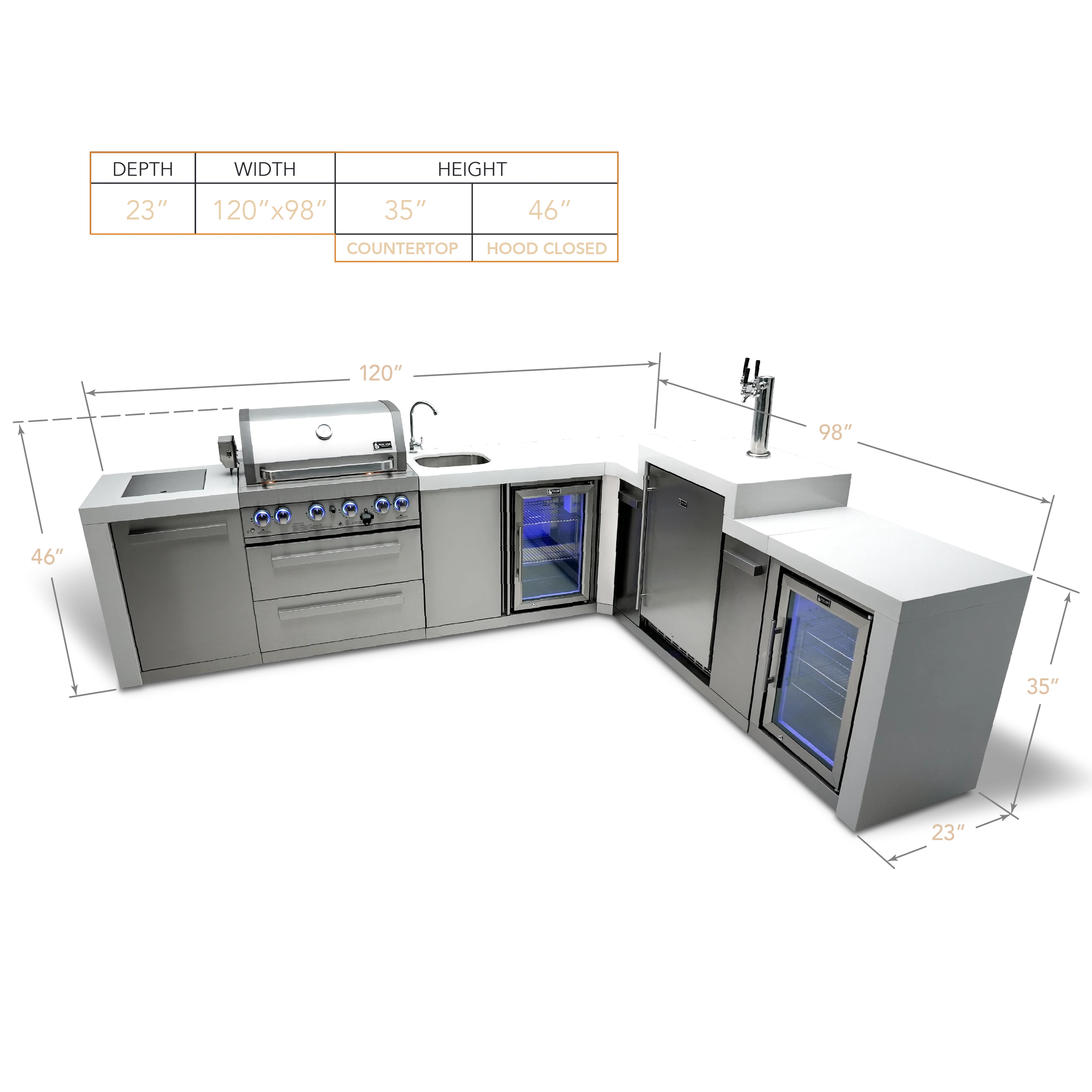4-burner Deluxe Island With A 90-degree Corner, Kegerator, Beverage Center And Fridge Cabinet MAI400D90KEGBEVFC