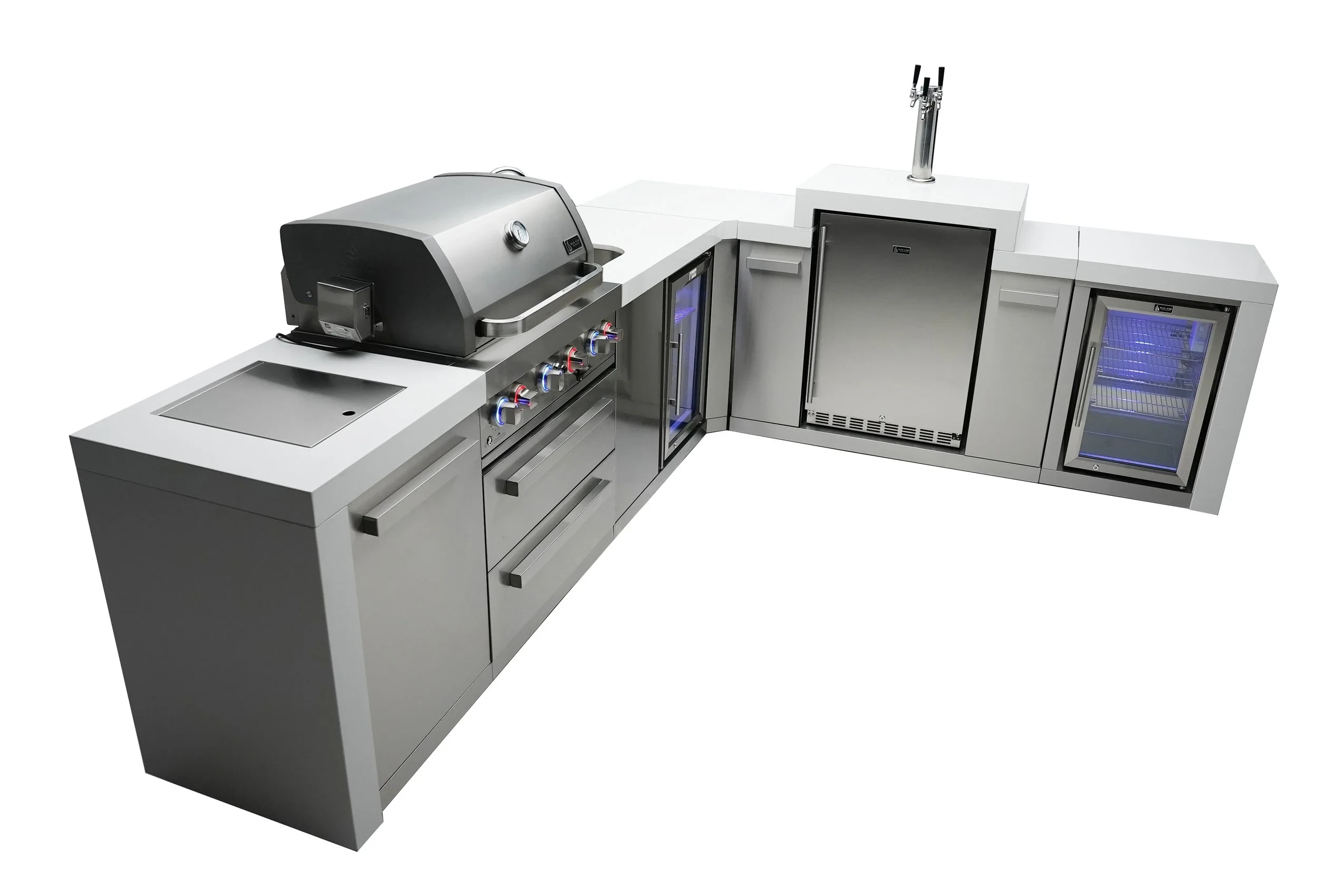 4-burner Deluxe Island With A 90-degree Corner, Kegerator, Beverage Center And Fridge Cabinet MAI400D90KEGBEVFC