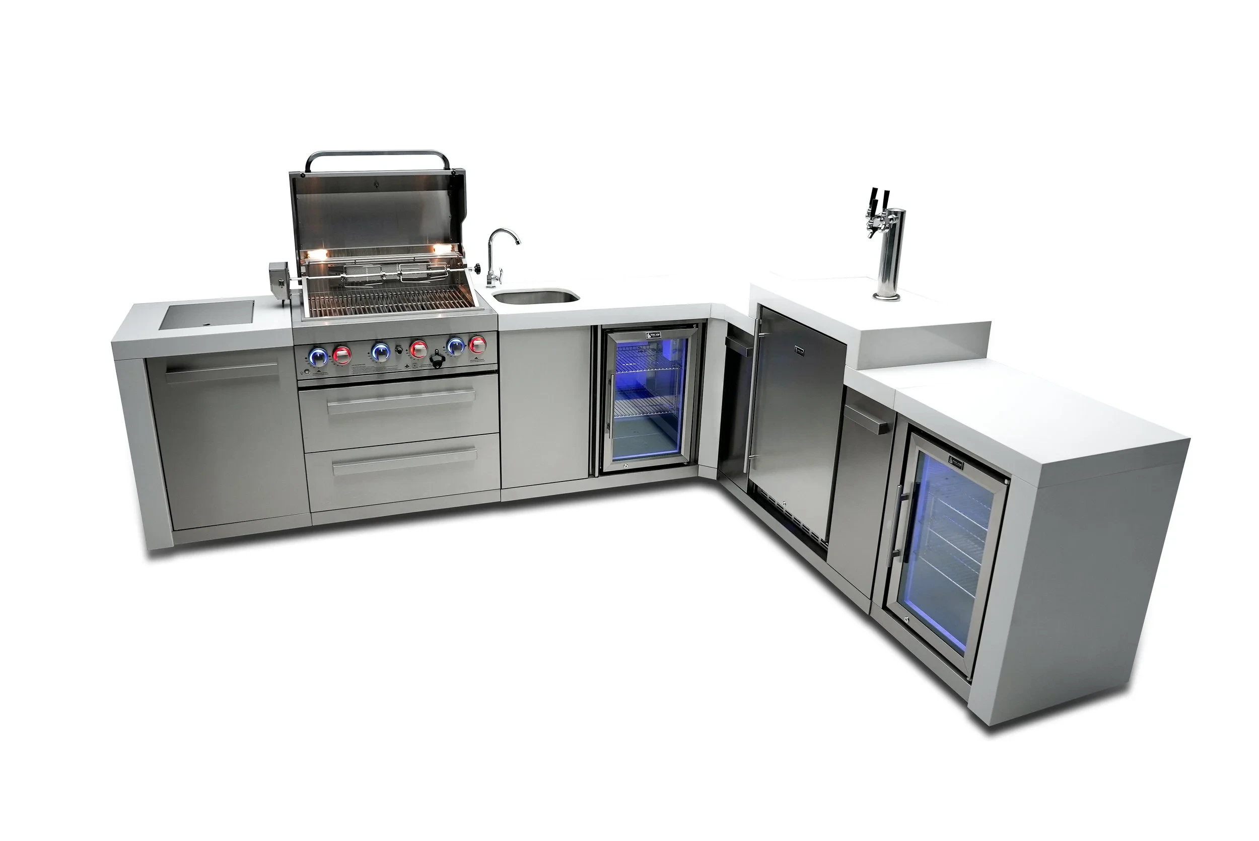 4-burner Deluxe Island With A 90-degree Corner, Kegerator, Beverage Center And Fridge Cabinet MAI400D90KEGBEVFC
