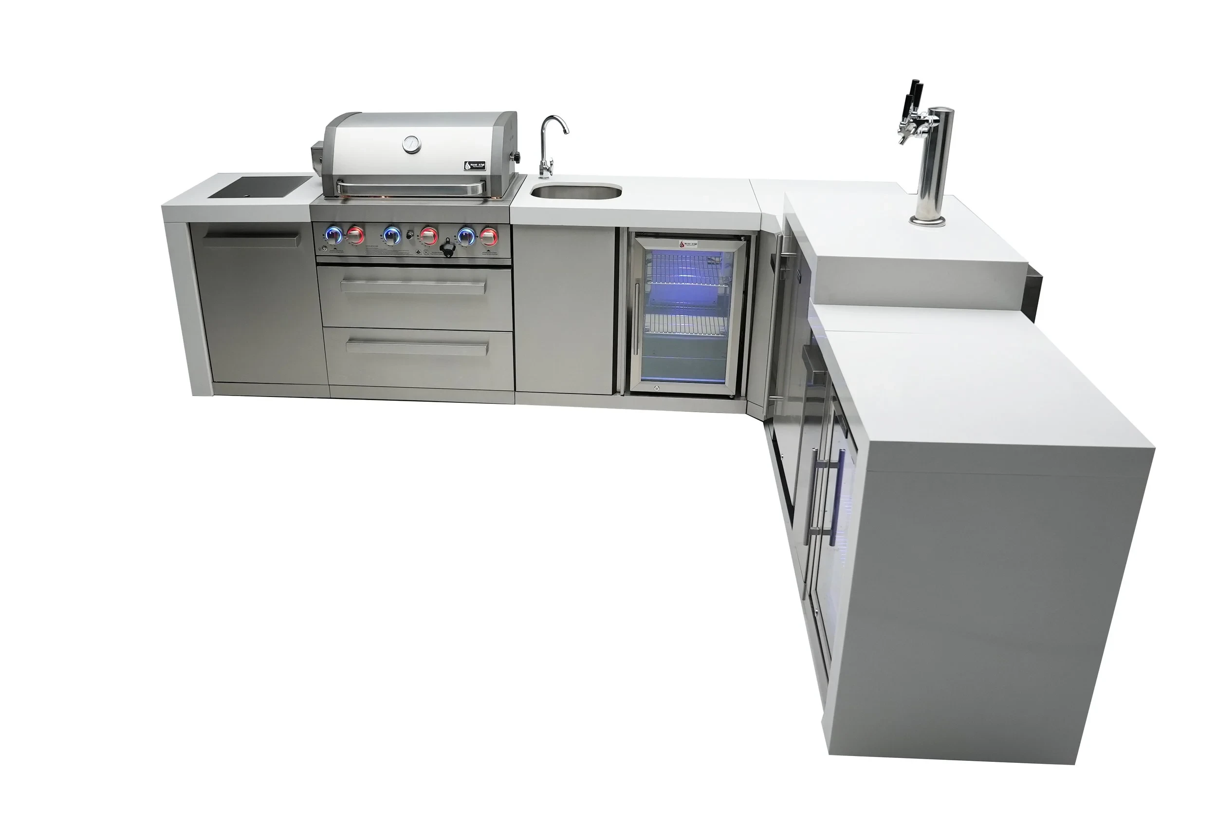 4-burner Deluxe Island With A 90-degree Corner, Kegerator, Beverage Center And Fridge Cabinet MAI400D90KEGBEVFC