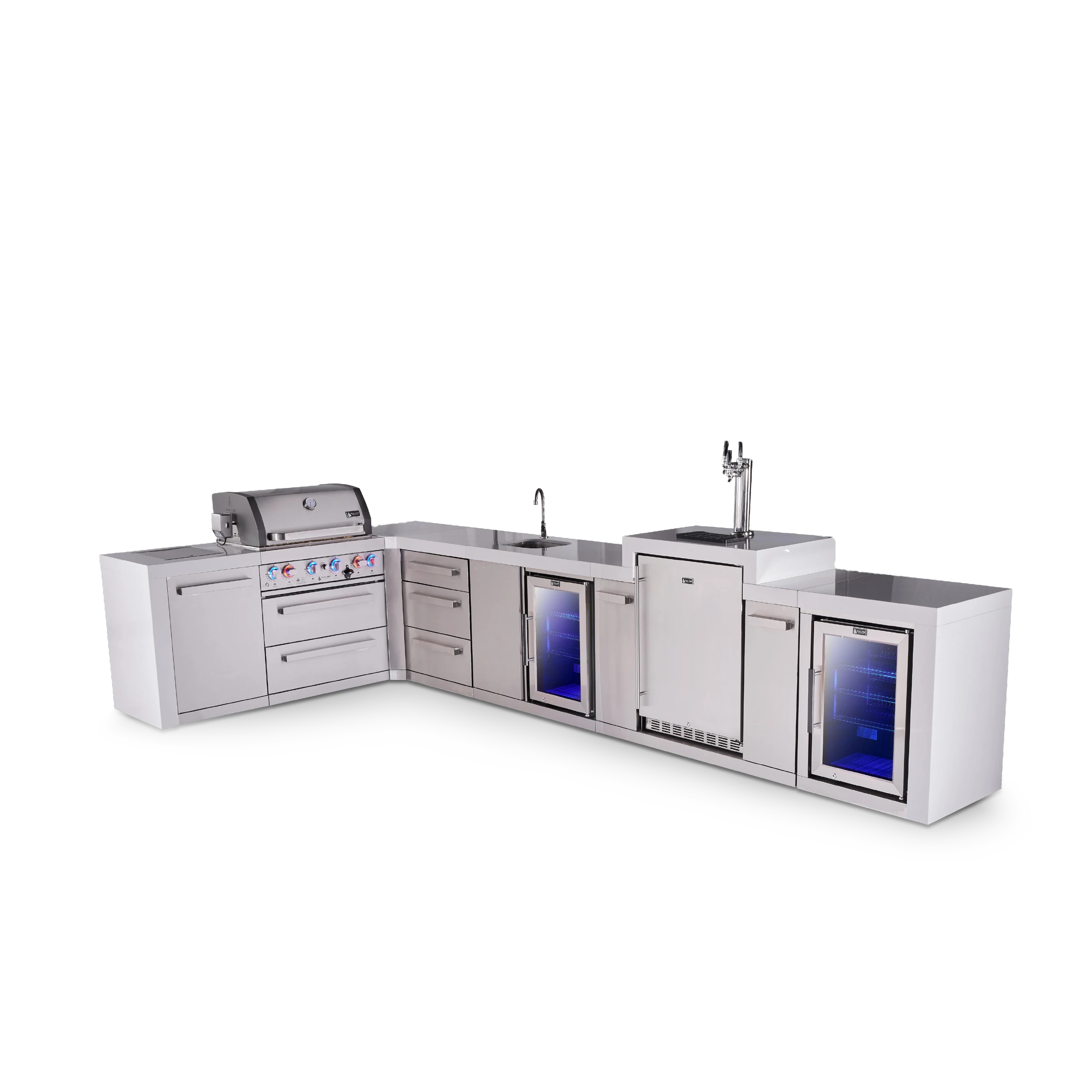 4-burner L-shaped Deluxe Series Outdoor Kitchen Island With Beverage Center, Kegerator And Corner Fridge Module MAI400D90KEGBEVFCDR