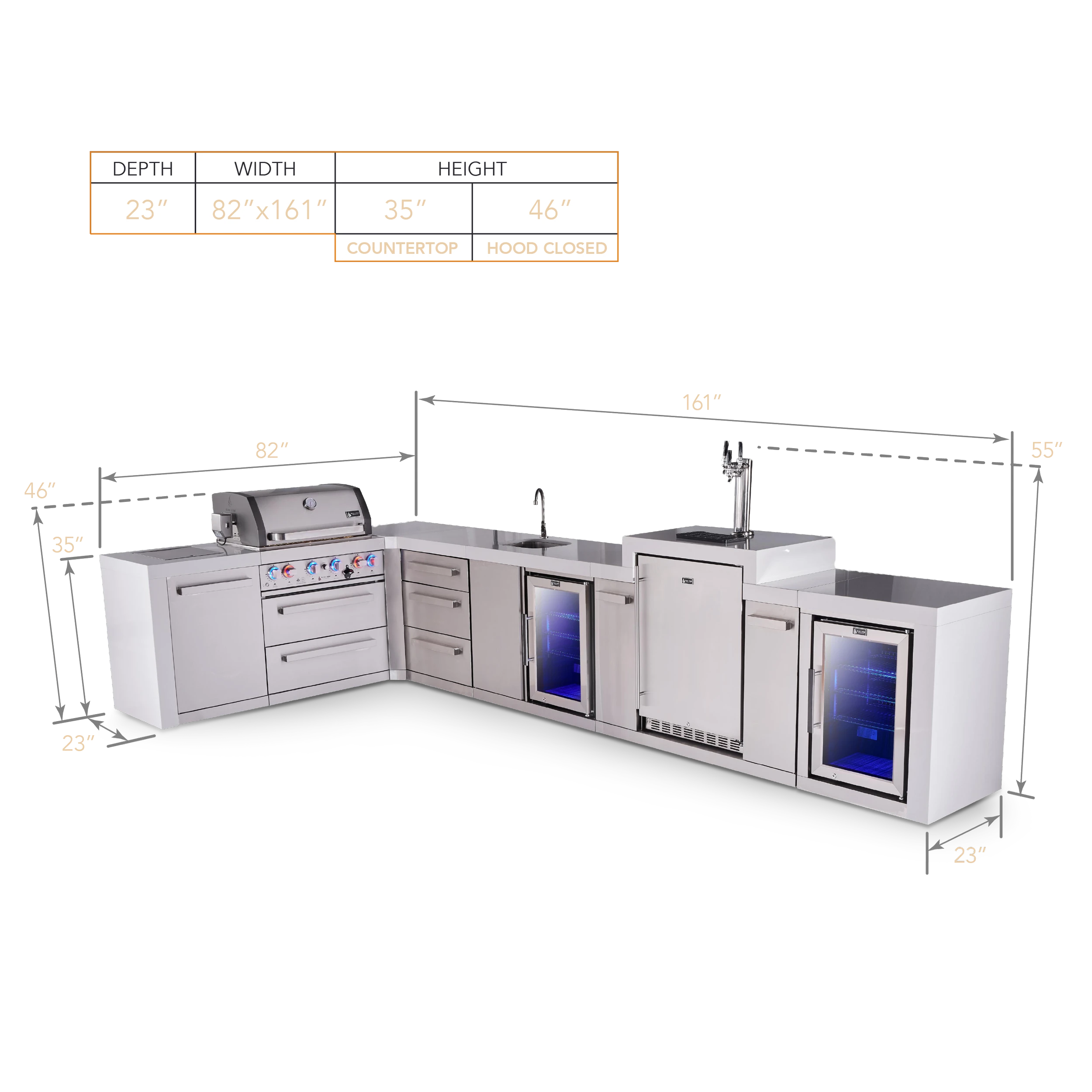 4-burner L-shaped Deluxe Series Outdoor Kitchen Island With Beverage Center, Kegerator And Corner Fridge Module MAI400D90KEGBEVFCDR