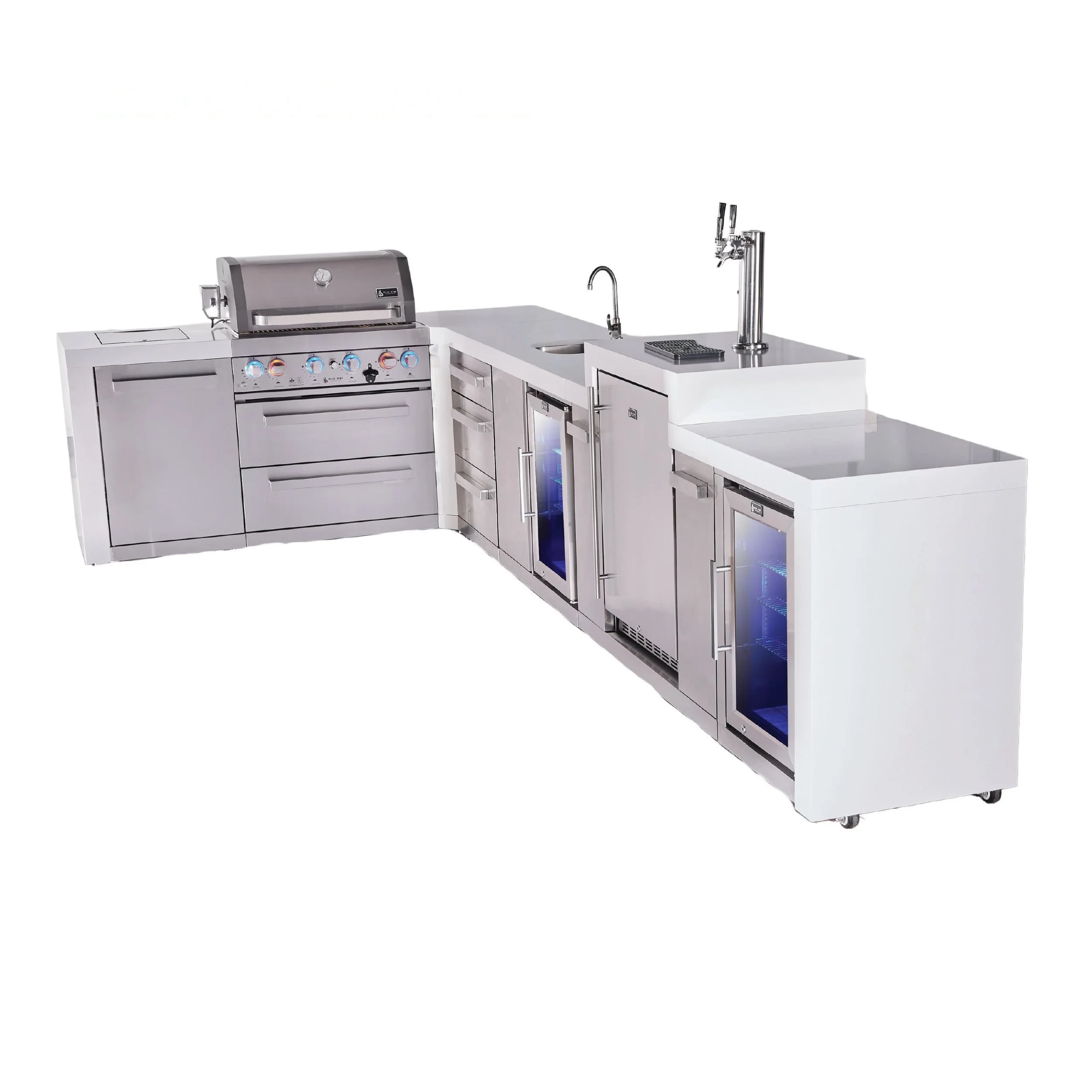 4-burner L-shaped Deluxe Series Outdoor Kitchen Island With Beverage Center, Kegerator And Corner Fridge Module MAI400D90KEGBEVFCDR