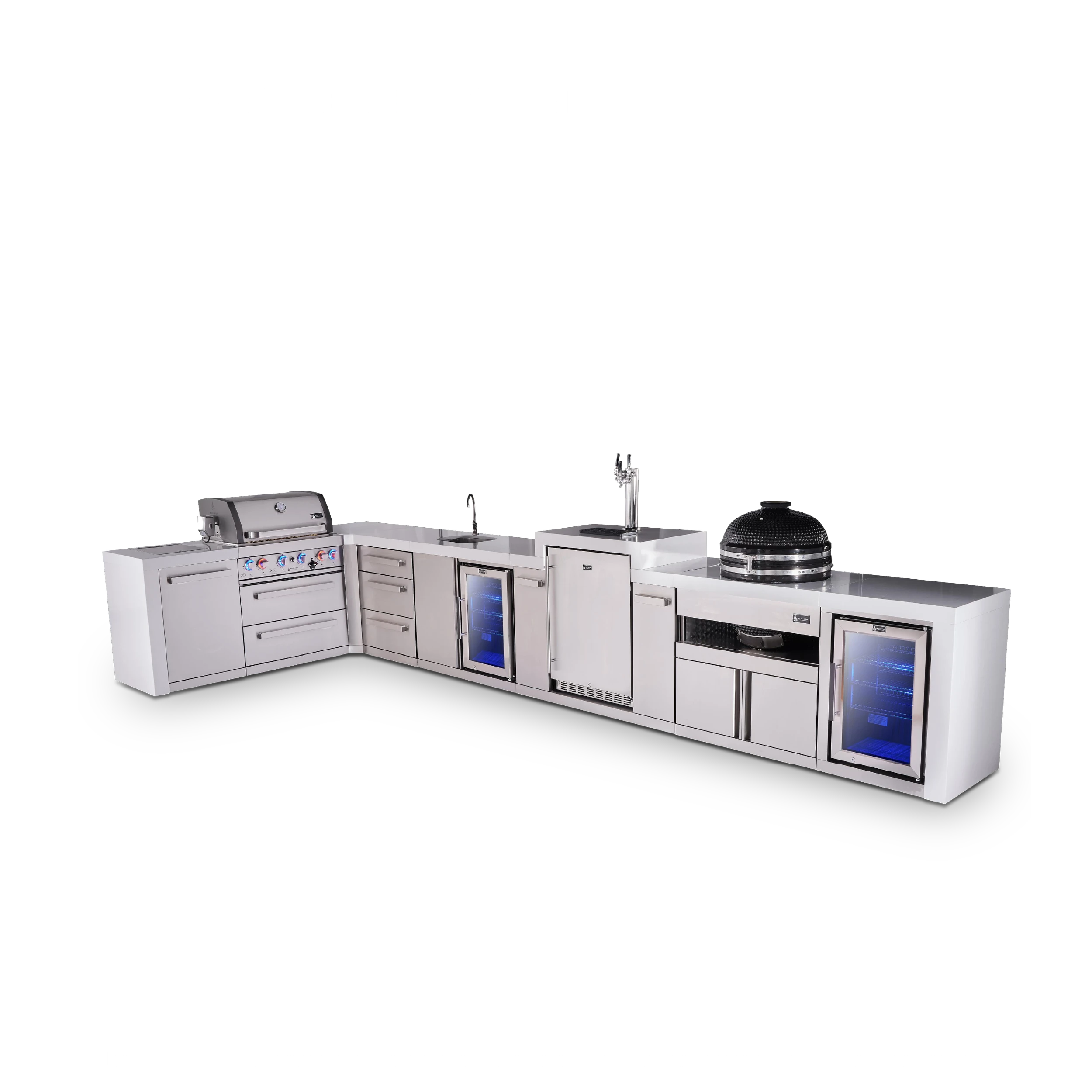4-burner L-shaped Deluxe Series Outdoor Kitchen Island With Beverage Center, Kegerator, Kamado And Corner Fridge Module Plus Extra Drawer Slides Cabinet MAI400D90KEGBEVFCKAMDR
