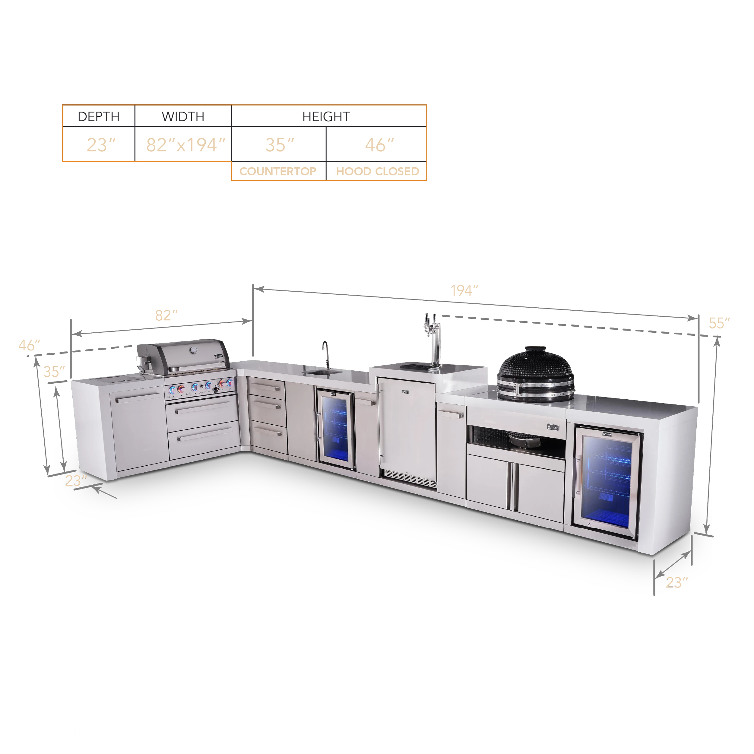 4-burner L-shaped Deluxe Series Outdoor Kitchen Island With Beverage Center, Kegerator, Kamado And Corner Fridge Module Plus Extra Drawer Slides Cabinet MAI400D90KEGBEVFCKAMDR