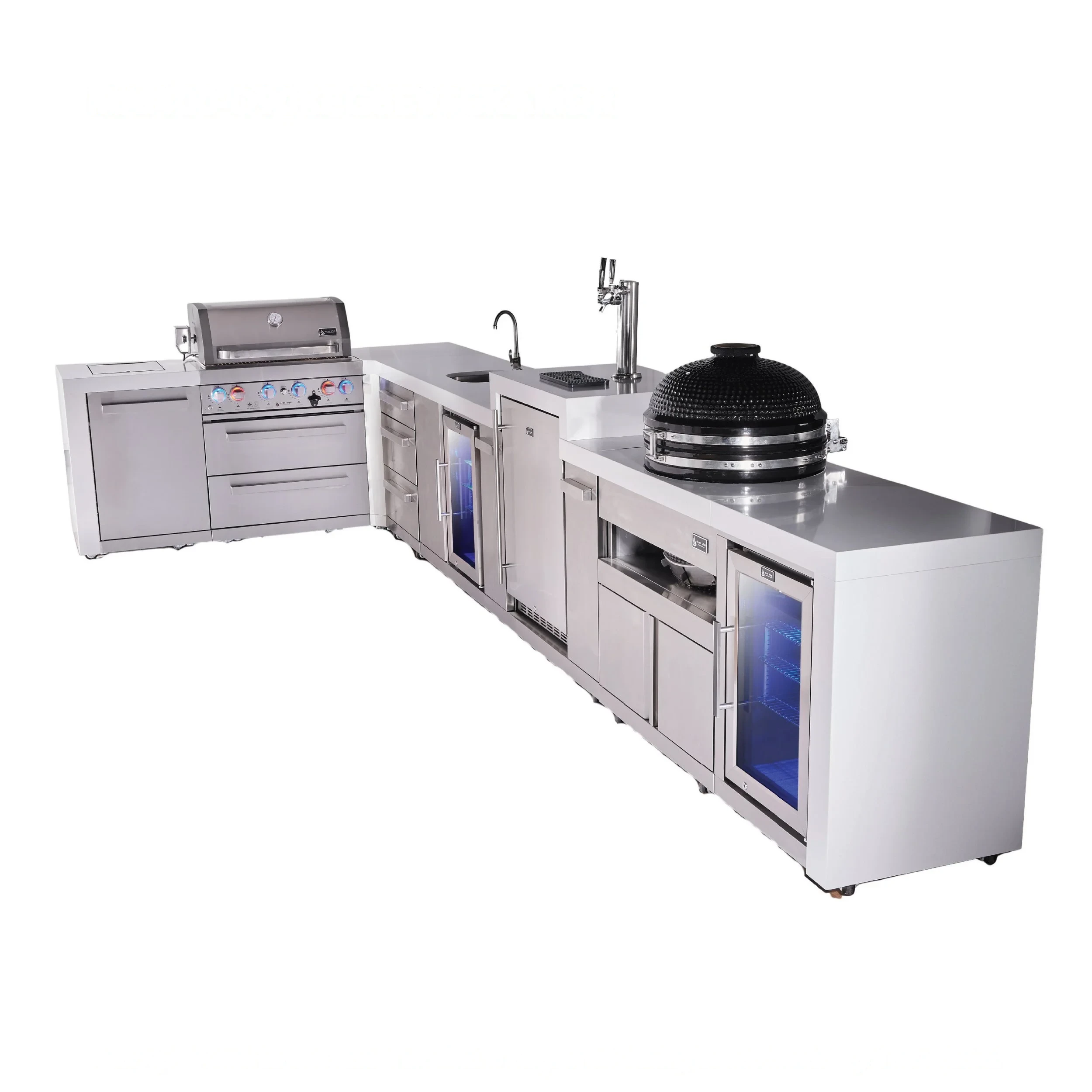 4-burner L-shaped Deluxe Series Outdoor Kitchen Island With Beverage Center, Kegerator, Kamado And Corner Fridge Module Plus Extra Drawer Slides Cabinet MAI400D90KEGBEVFCKAMDR