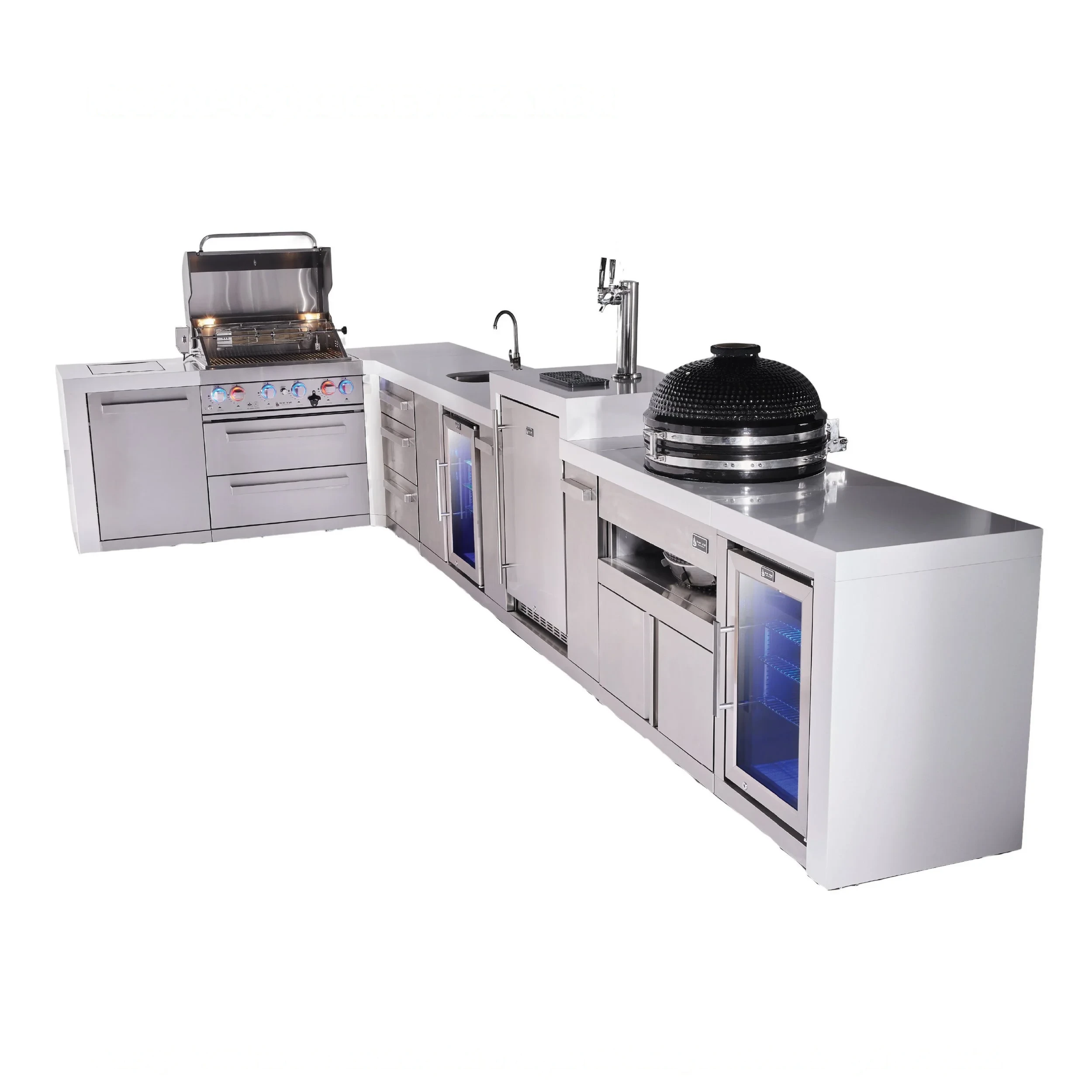 4-burner L-shaped Deluxe Series Outdoor Kitchen Island With Beverage Center, Kegerator, Kamado And Corner Fridge Module Plus Extra Drawer Slides Cabinet MAI400D90KEGBEVFCKAMDR