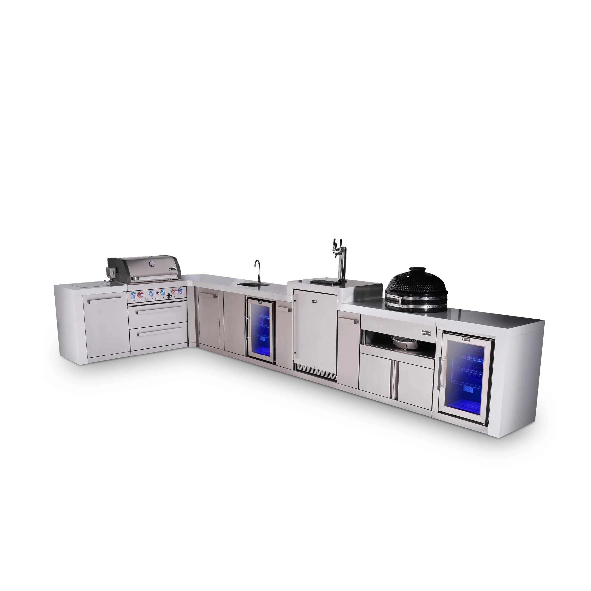 4-burner L-shaped Deluxe Series Outdoor Kitchen Island With Beverage Center, Kegerator, Kamado And Corner Fridge Module Plus Extra Storage Cabinet MAI400D90KEGBEVFCKAMXL