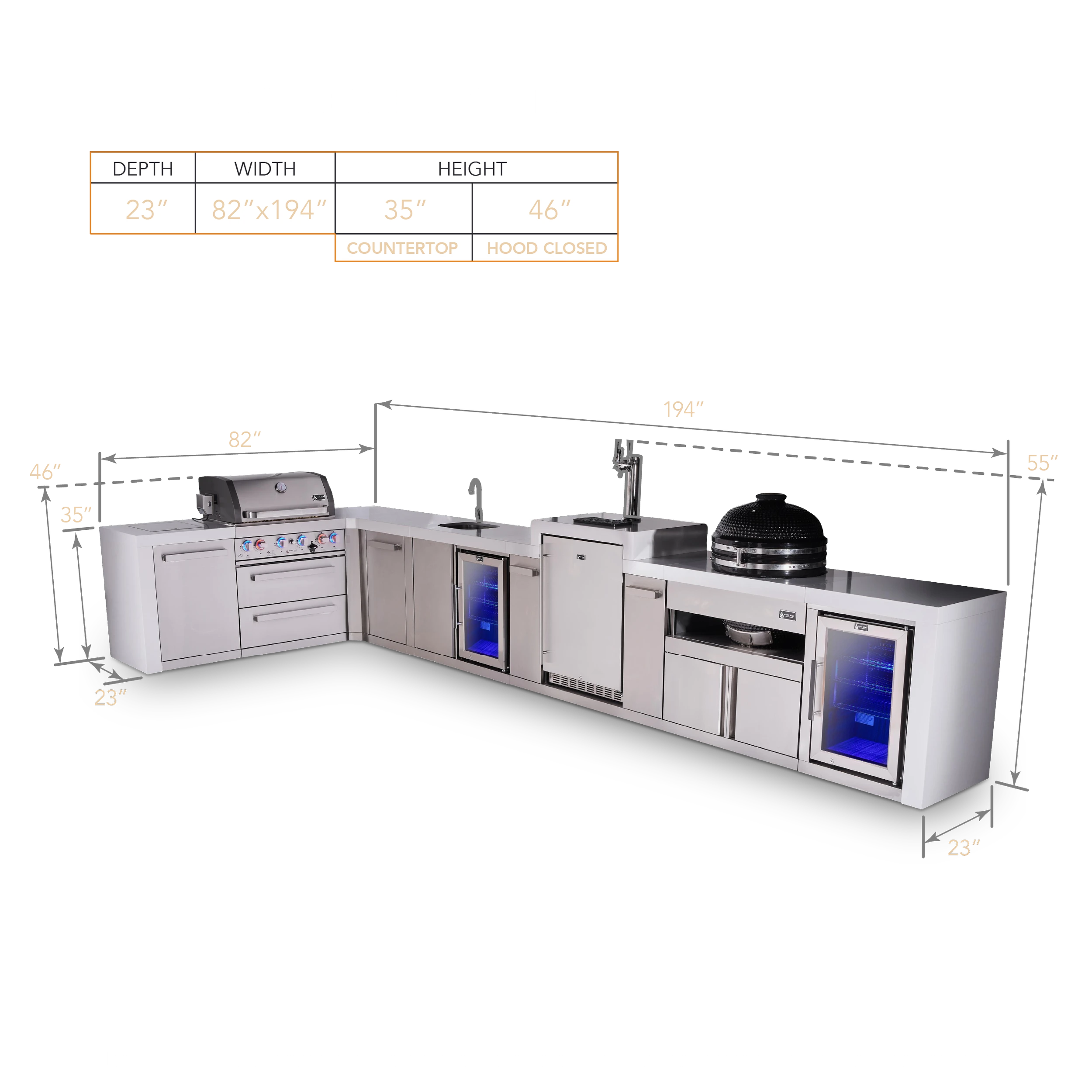 4-burner L-shaped Deluxe Series Outdoor Kitchen Island With Beverage Center, Kegerator, Kamado And Corner Fridge Module Plus Extra Storage Cabinet MAI400D90KEGBEVFCKAMXL