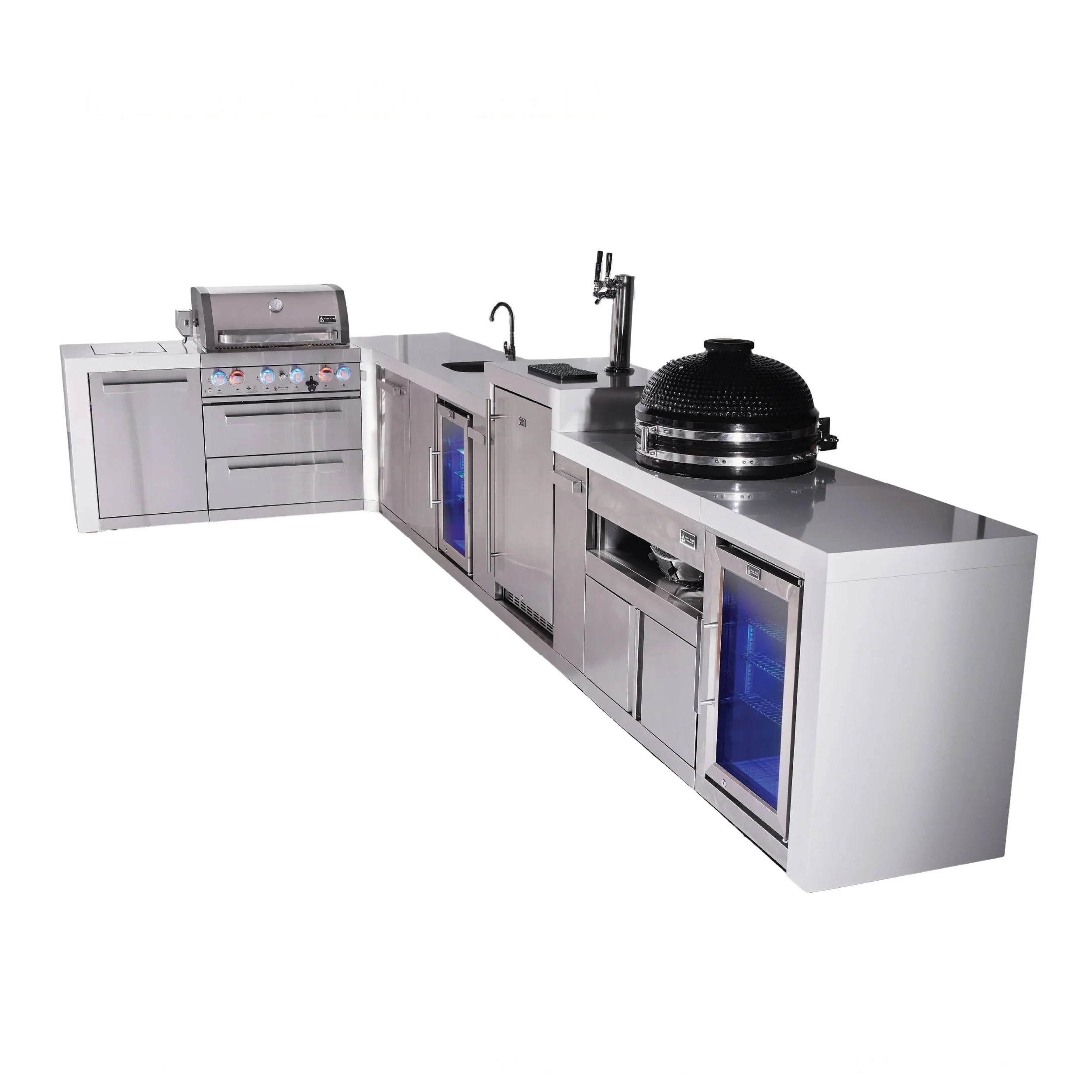 4-burner L-shaped Deluxe Series Outdoor Kitchen Island With Beverage Center, Kegerator, Kamado And Corner Fridge Module Plus Extra Storage Cabinet MAI400D90KEGBEVFCKAMXL