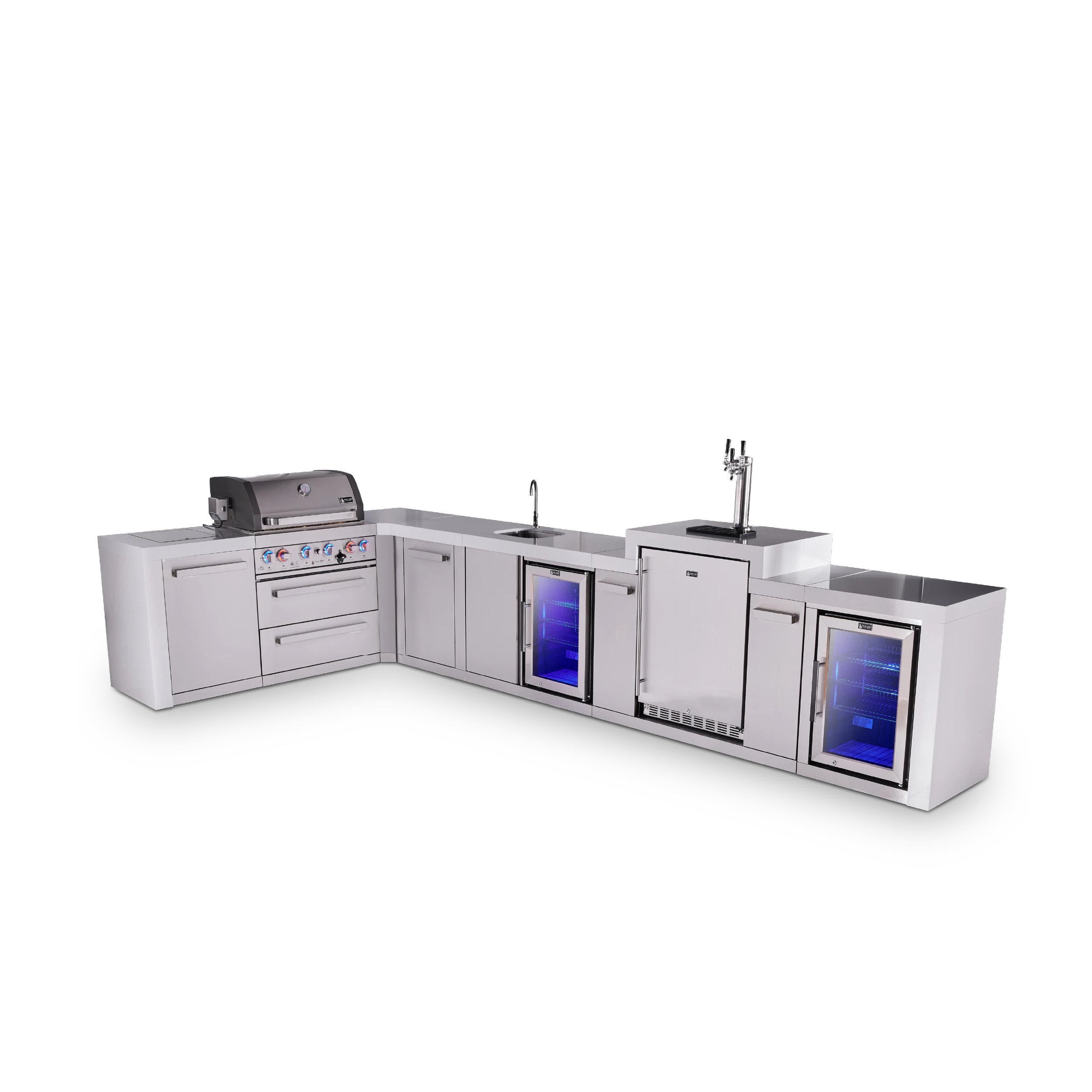 4-burner L-shaped Deluxe Series Outdoor Kitchen Island With Beverage Center, Kegerator And Corner Fridge Module Plus Extra Storage Cabinet MAI400D90KEGBEVFCXL