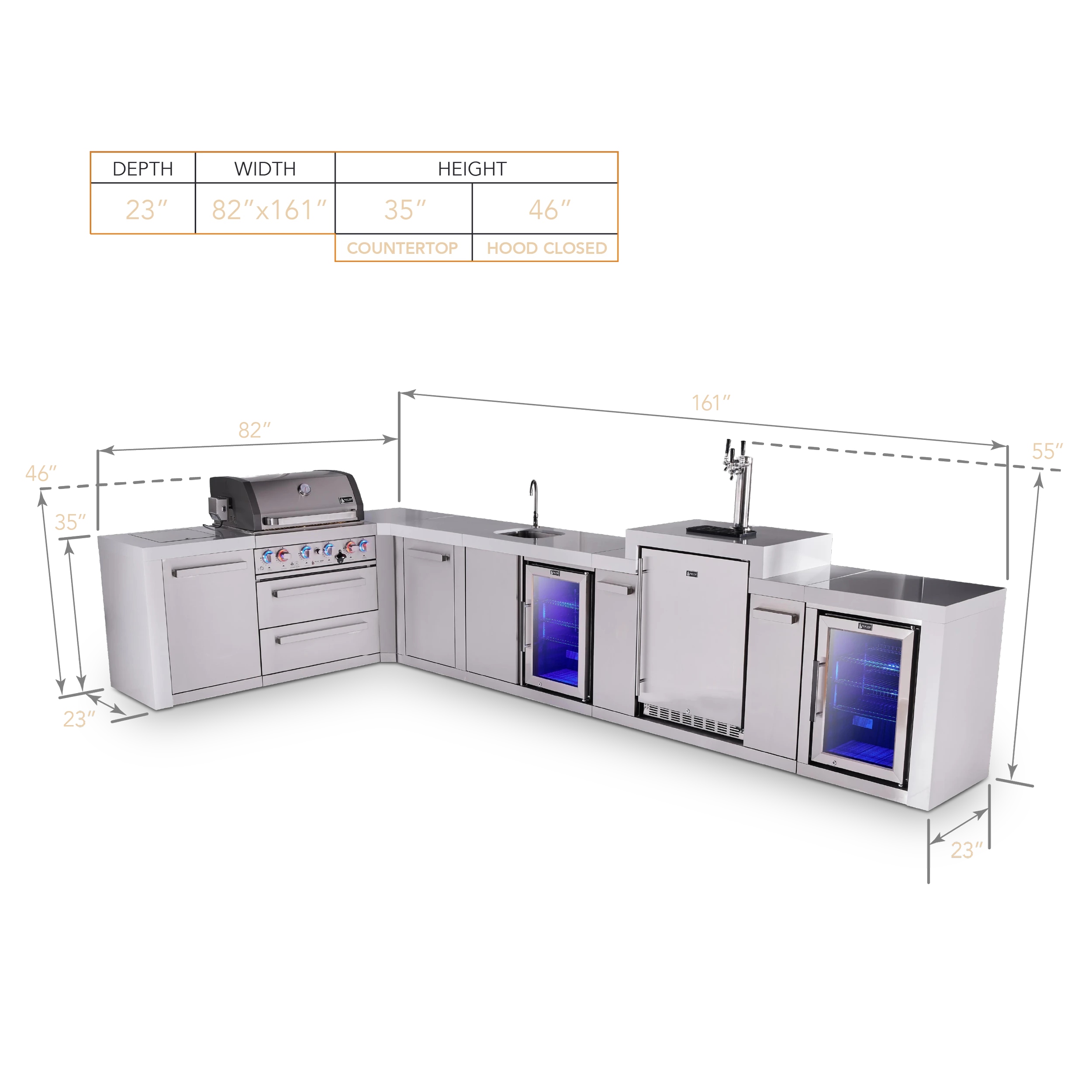 4-burner L-shaped Deluxe Series Outdoor Kitchen Island With Beverage Center, Kegerator And Corner Fridge Module Plus Extra Storage Cabinet MAI400D90KEGBEVFCXL