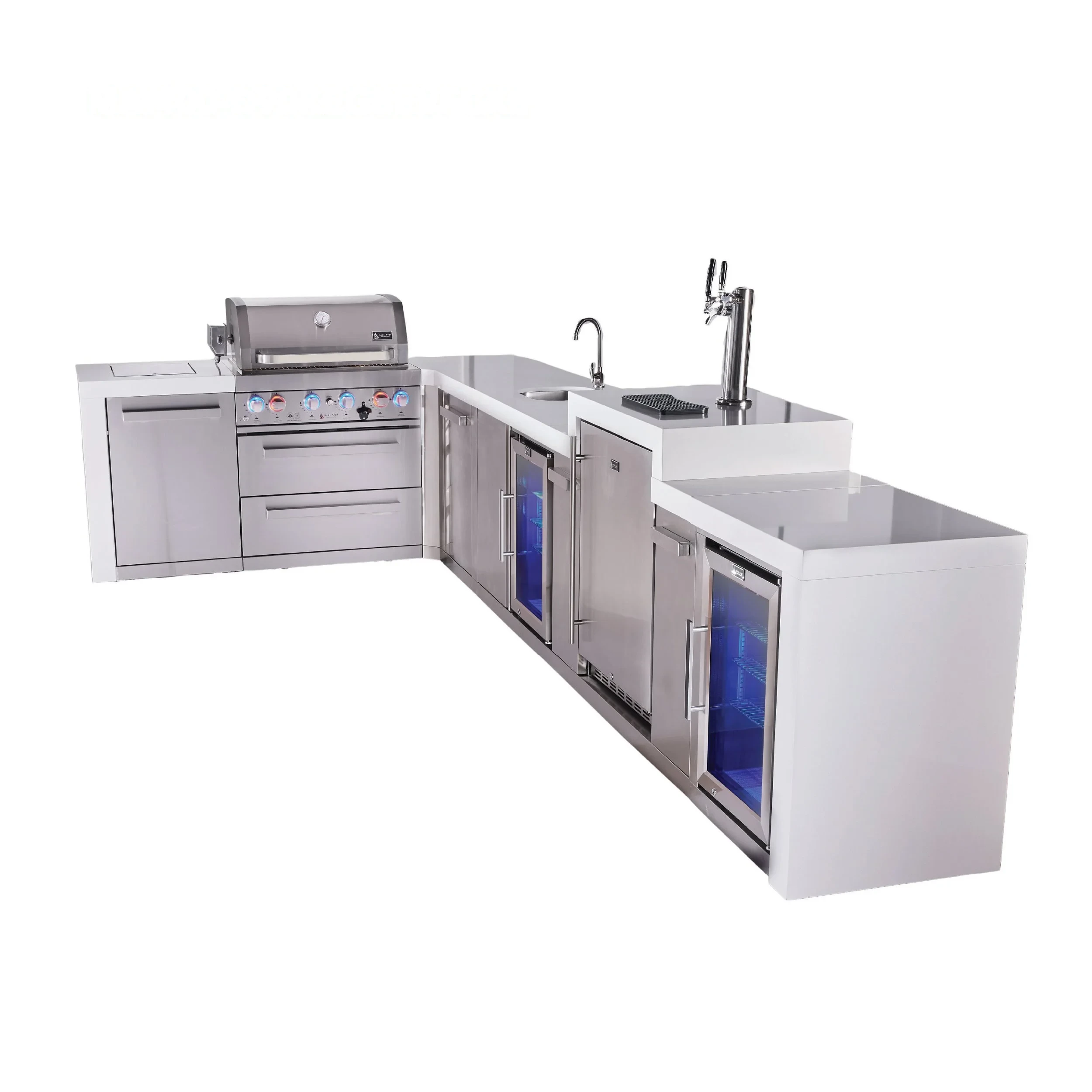 4-burner L-shaped Deluxe Series Outdoor Kitchen Island With Beverage Center, Kegerator And Corner Fridge Module Plus Extra Storage Cabinet MAI400D90KEGBEVFCXL