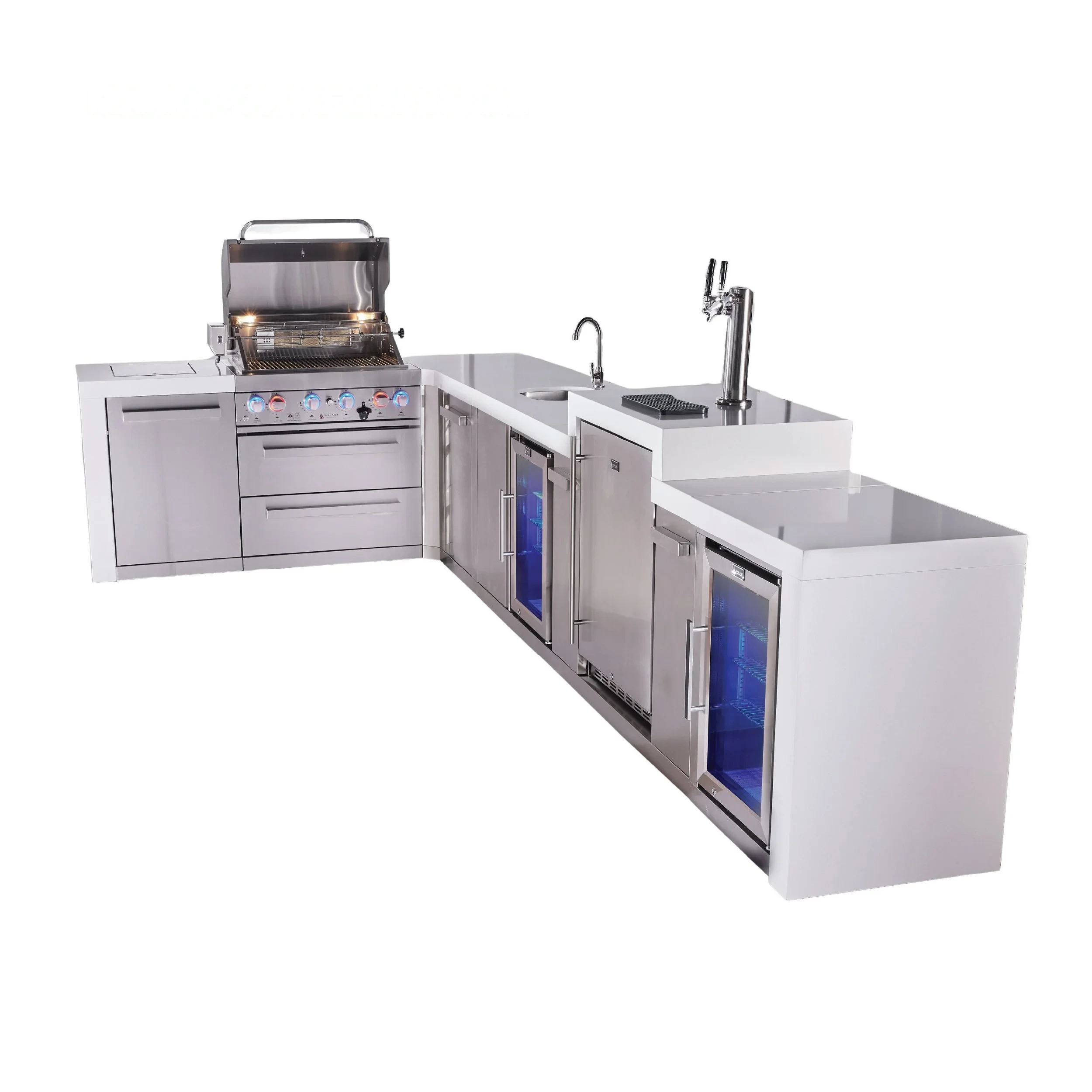 4-burner L-shaped Deluxe Series Outdoor Kitchen Island With Beverage Center, Kegerator And Corner Fridge Module Plus Extra Storage Cabinet MAI400D90KEGBEVFCXL