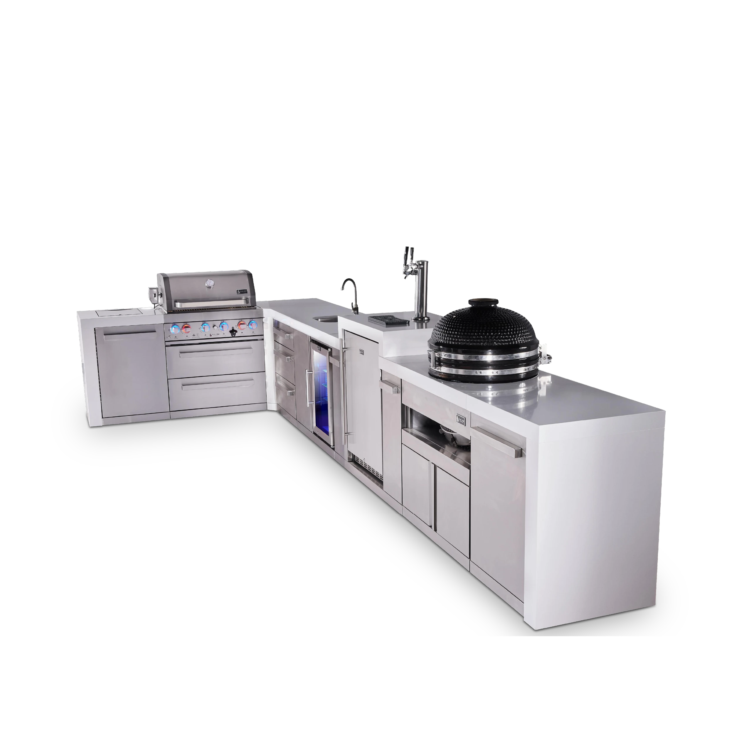 4-burner L-shaped Deluxe Series Outdoor Kitchen Island With Beverage Center, Kegerator, Kamado Module, And Extra Drawer Slides Cabinet MAI400D90KEGBEVKAMDR