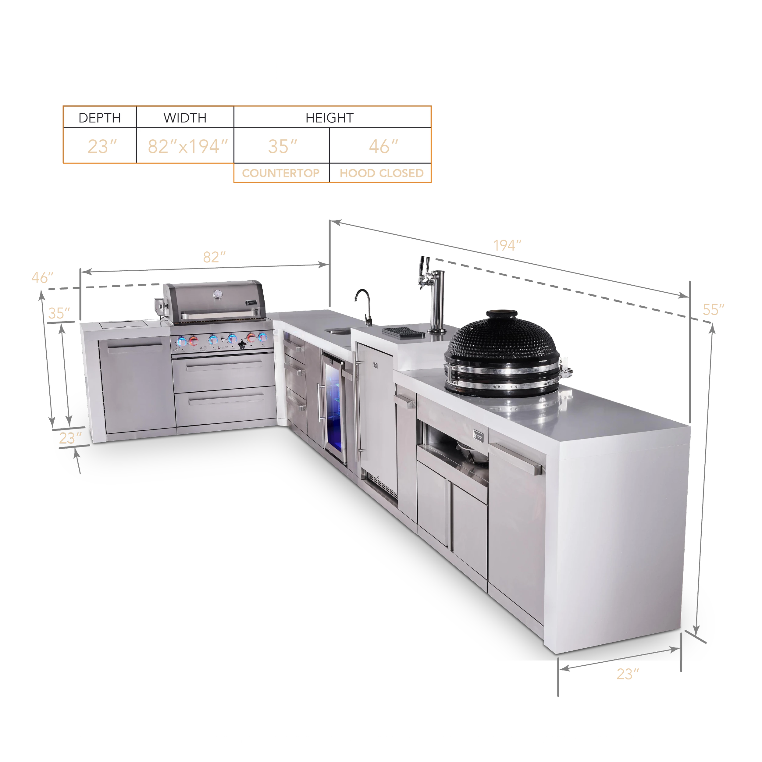 4-burner L-shaped Deluxe Series Outdoor Kitchen Island With Beverage Center, Kegerator, Kamado Module, And Extra Drawer Slides Cabinet MAI400D90KEGBEVKAMDR