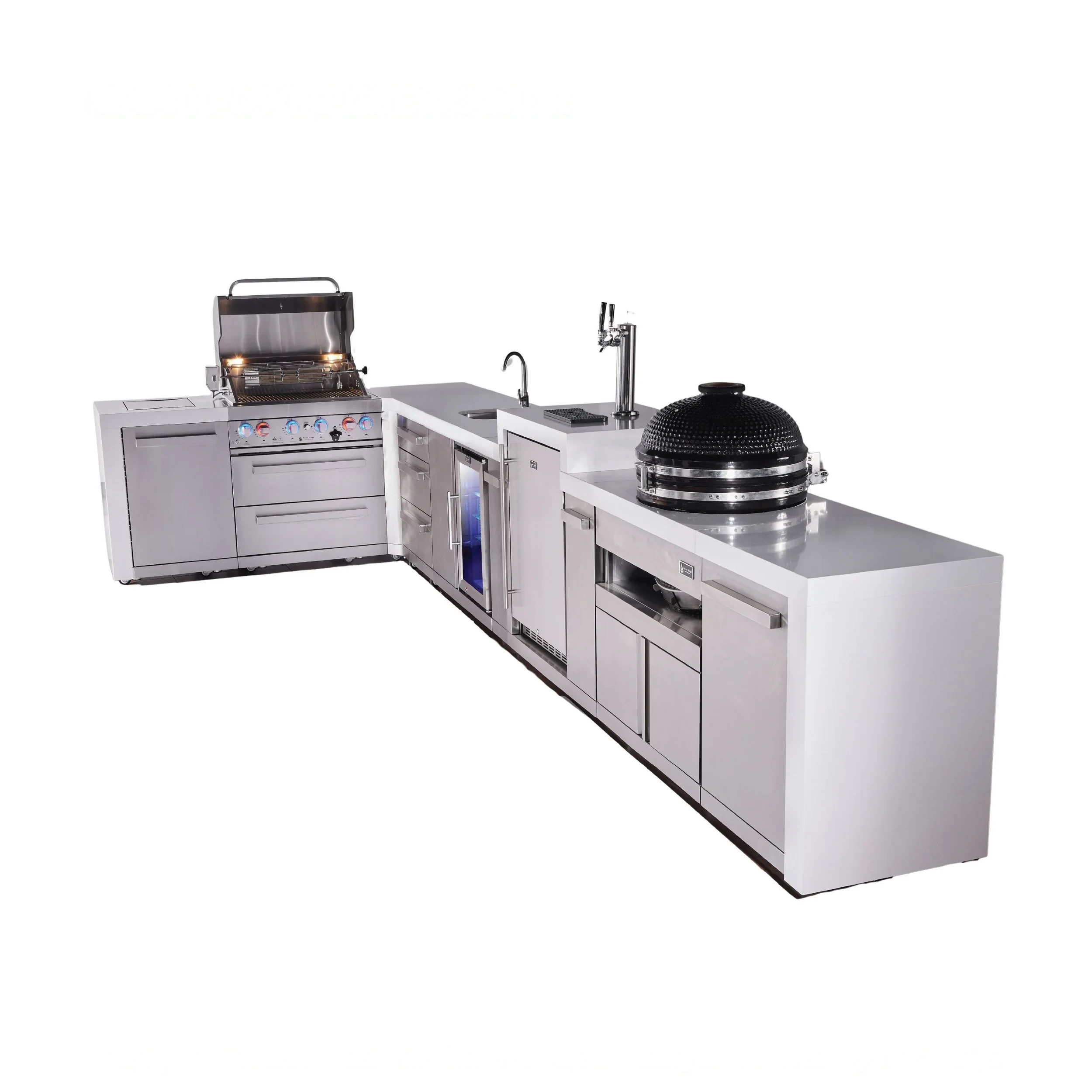 4-burner L-shaped Deluxe Series Outdoor Kitchen Island With Beverage Center, Kegerator, Kamado Module, And Extra Drawer Slides Cabinet MAI400D90KEGBEVKAMDR