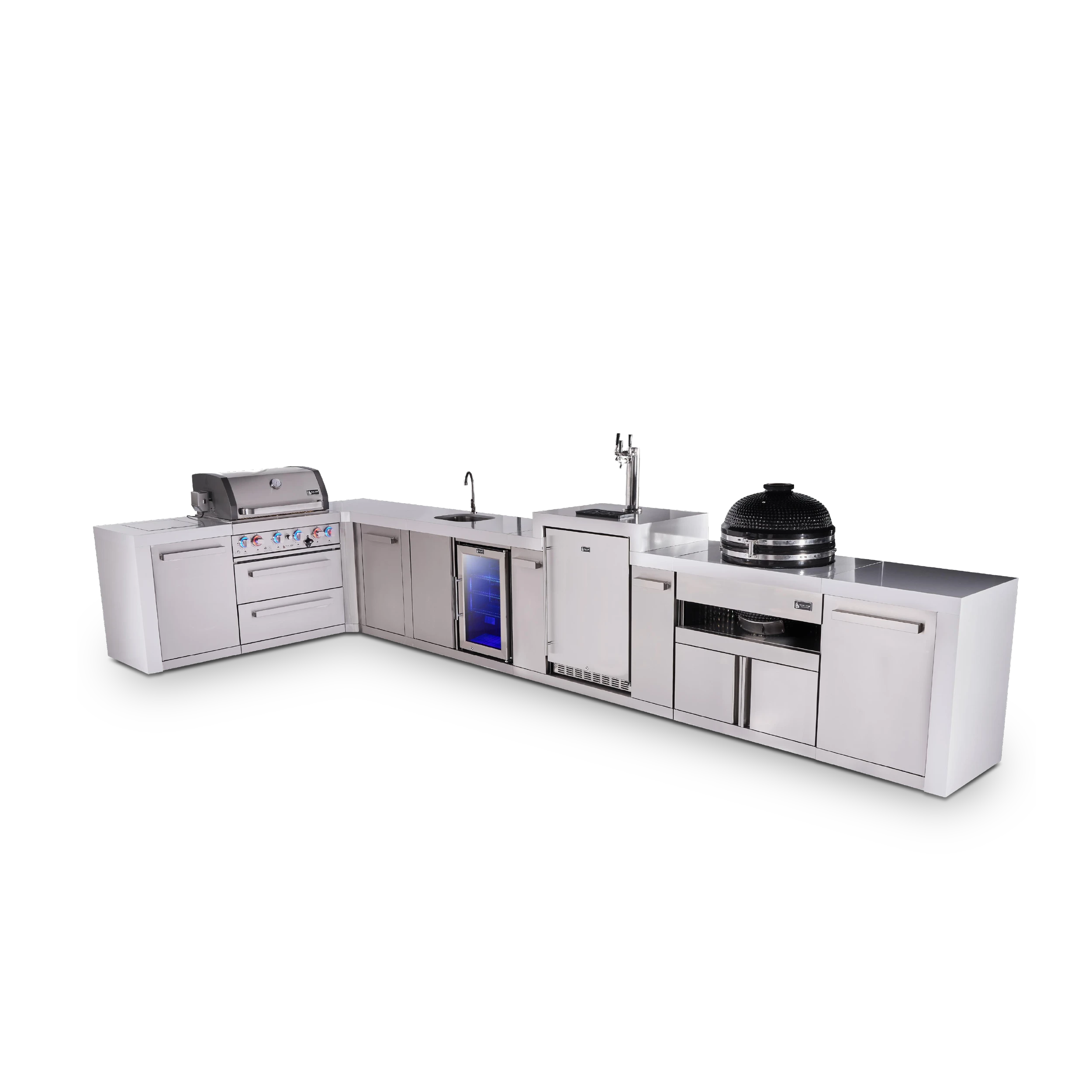 4-burner L-shaped Deluxe Series Outdoor Kitchen Island With Beverage Center, Kegerator, Kamado Module And Extra Storage Cabinet MAI400D90KEGBEVKAMXL