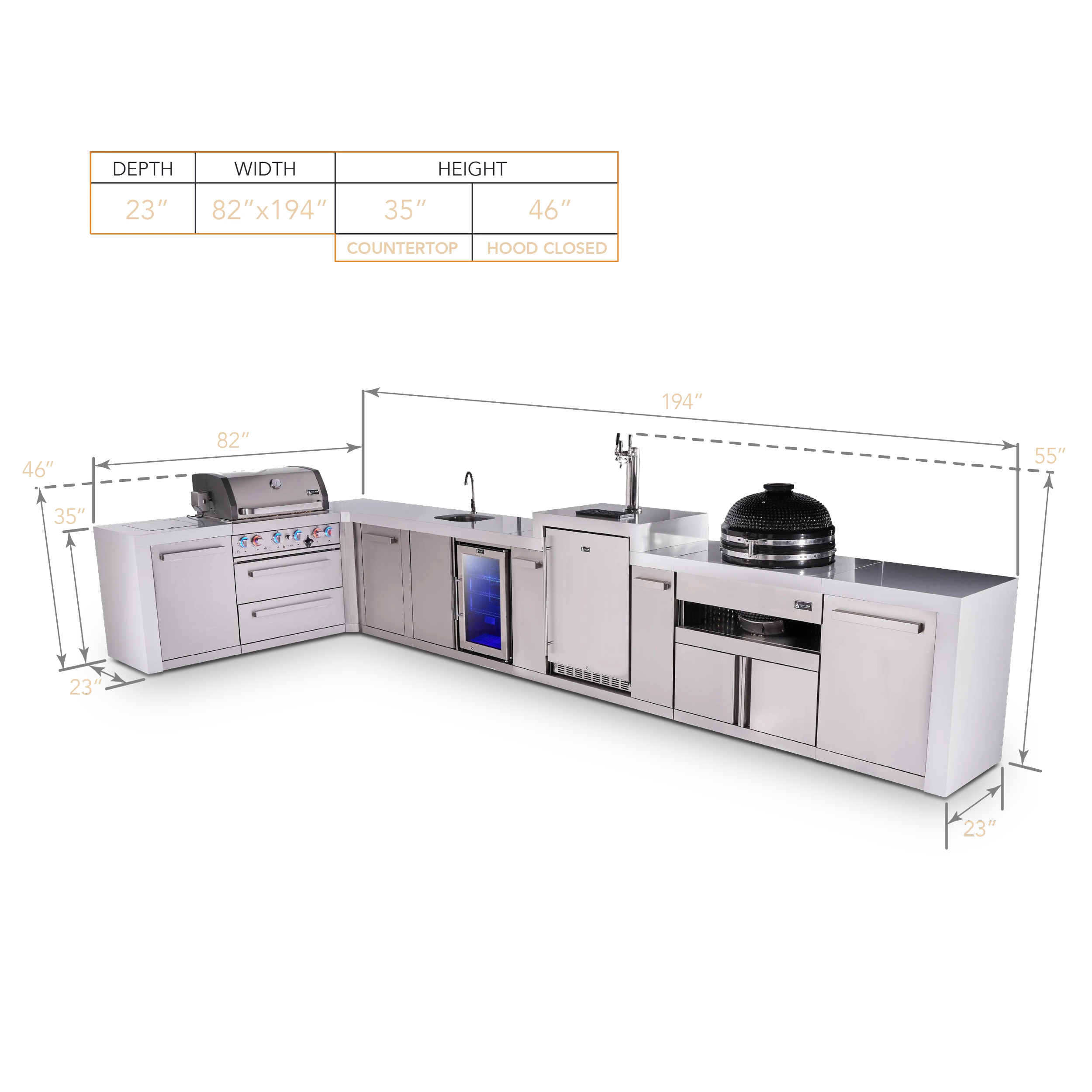 4-burner L-shaped Deluxe Series Outdoor Kitchen Island With Beverage Center, Kegerator, Kamado Module And Extra Storage Cabinet MAI400D90KEGBEVKAMXL
