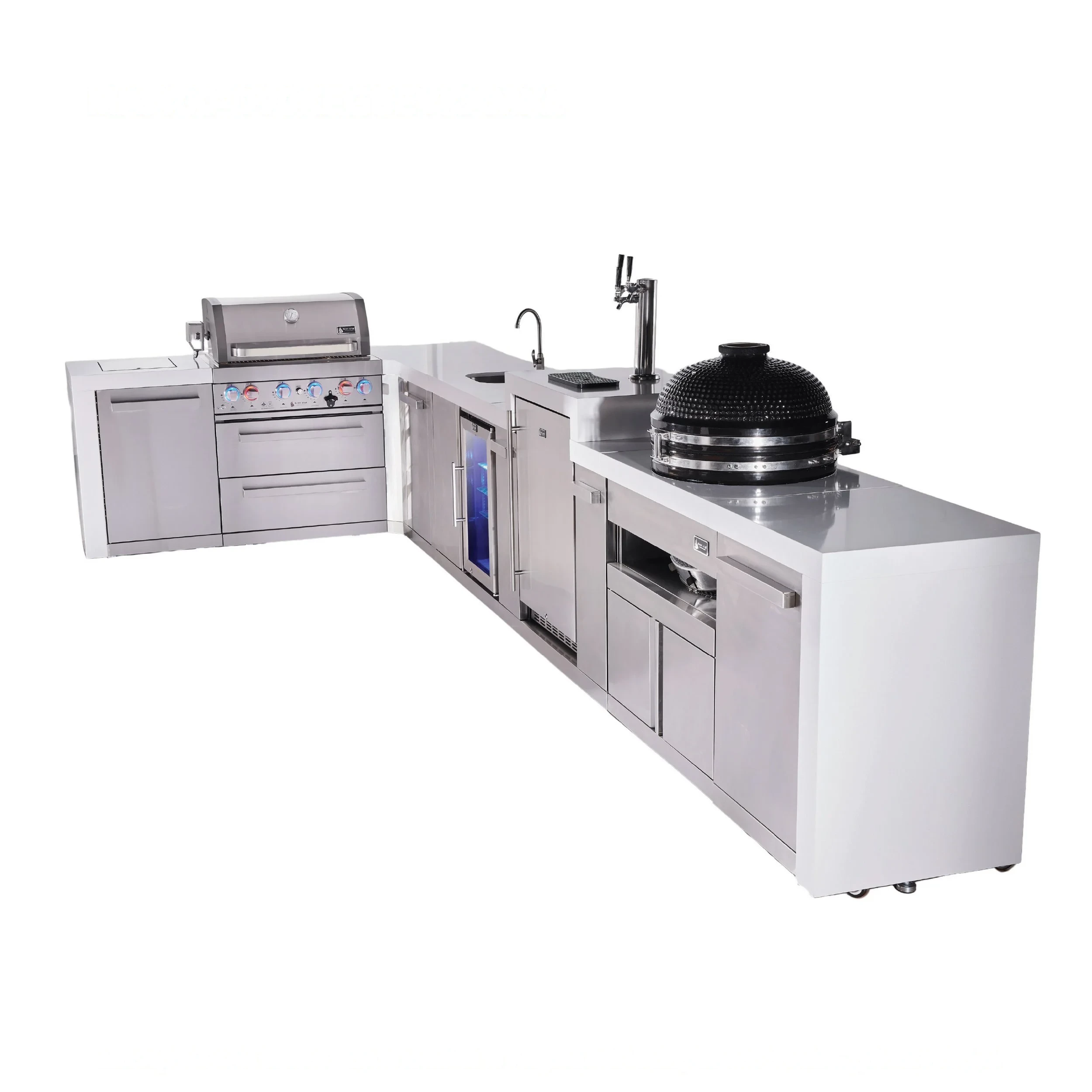 4-burner L-shaped Deluxe Series Outdoor Kitchen Island With Beverage Center, Kegerator, Kamado Module And Extra Storage Cabinet MAI400D90KEGBEVKAMXL