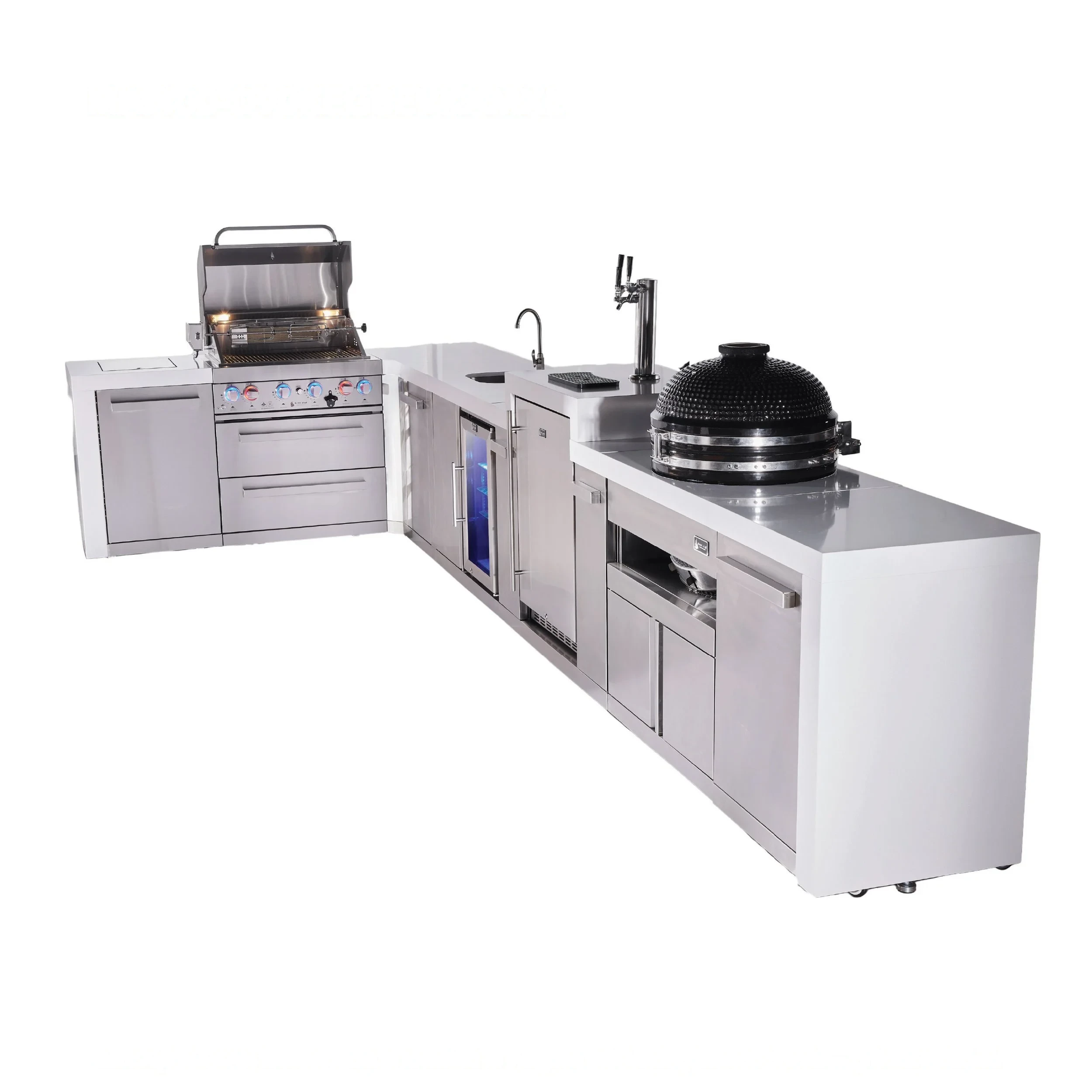 4-burner L-shaped Deluxe Series Outdoor Kitchen Island With Beverage Center, Kegerator, Kamado Module And Extra Storage Cabinet MAI400D90KEGBEVKAMXL