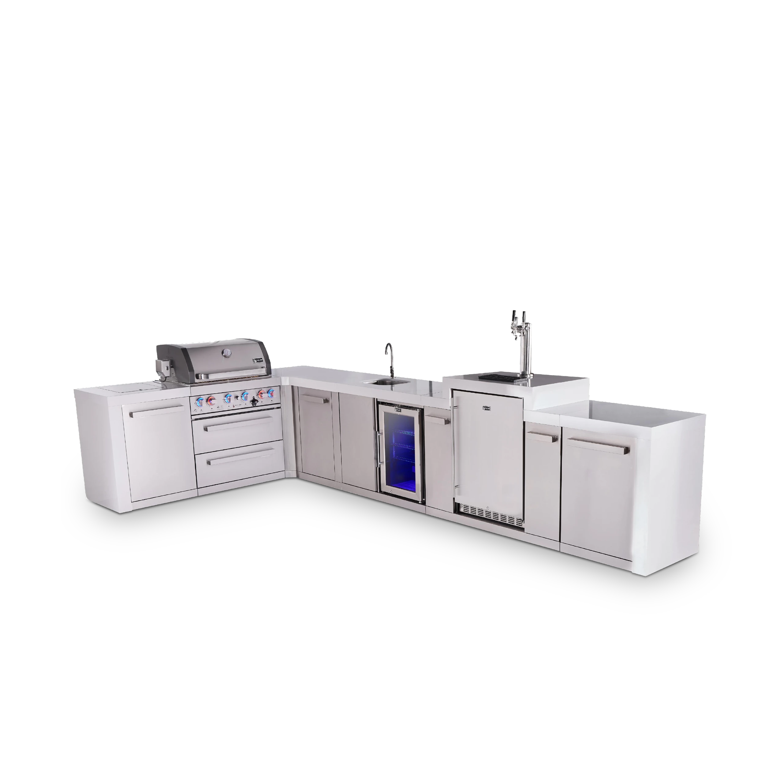 4-burner L-shaped Deluxe Series Outdoor Kitchen Island With Beverage Center And Kegerator Module Plus Extra Storage Cabinet MAI400D90KEGBEVXL