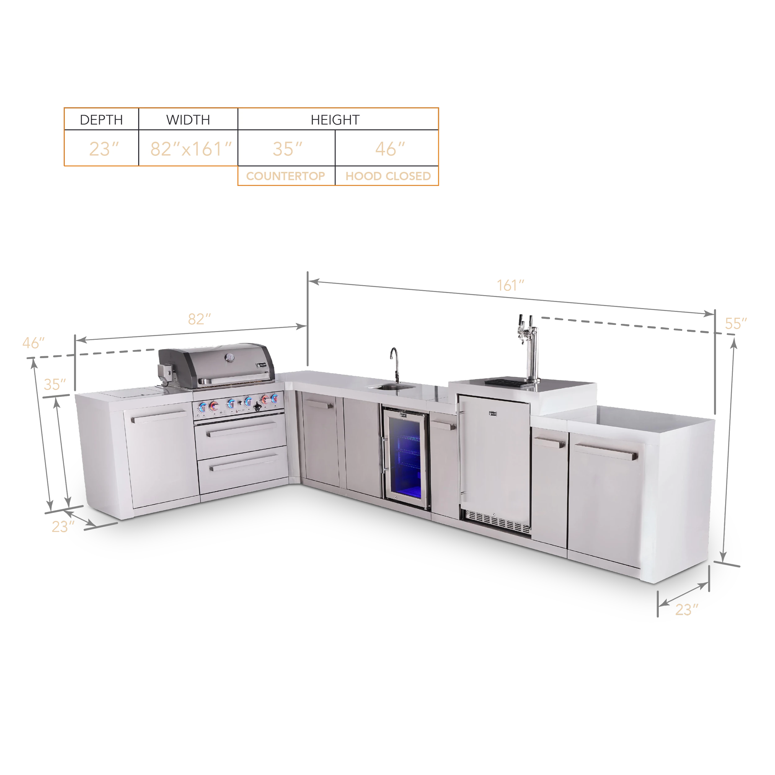 4-burner L-shaped Deluxe Series Outdoor Kitchen Island With Beverage Center And Kegerator Module Plus Extra Storage Cabinet MAI400D90KEGBEVXL