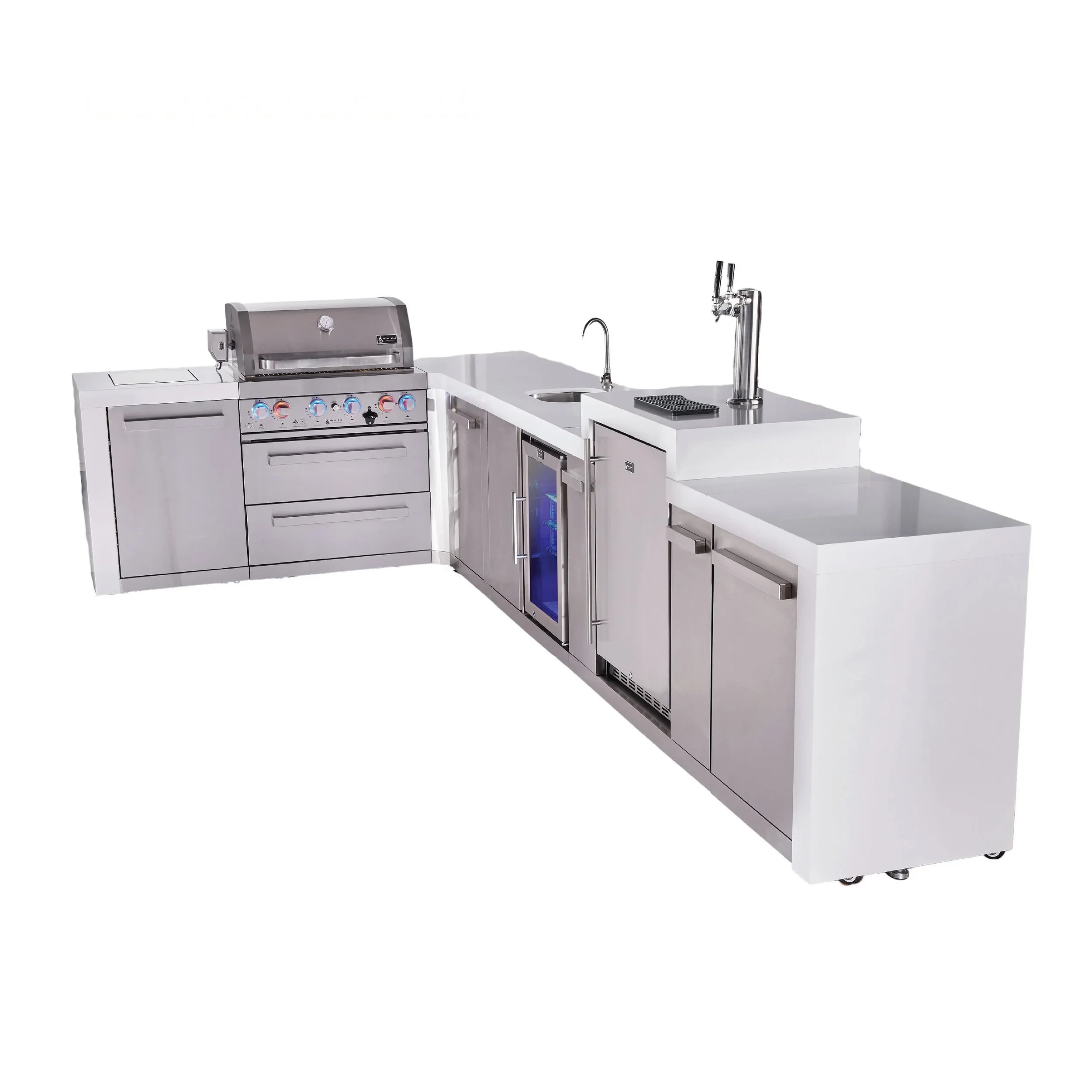 4-burner L-shaped Deluxe Series Outdoor Kitchen Island With Beverage Center And Kegerator Module Plus Extra Storage Cabinet MAI400D90KEGBEVXL