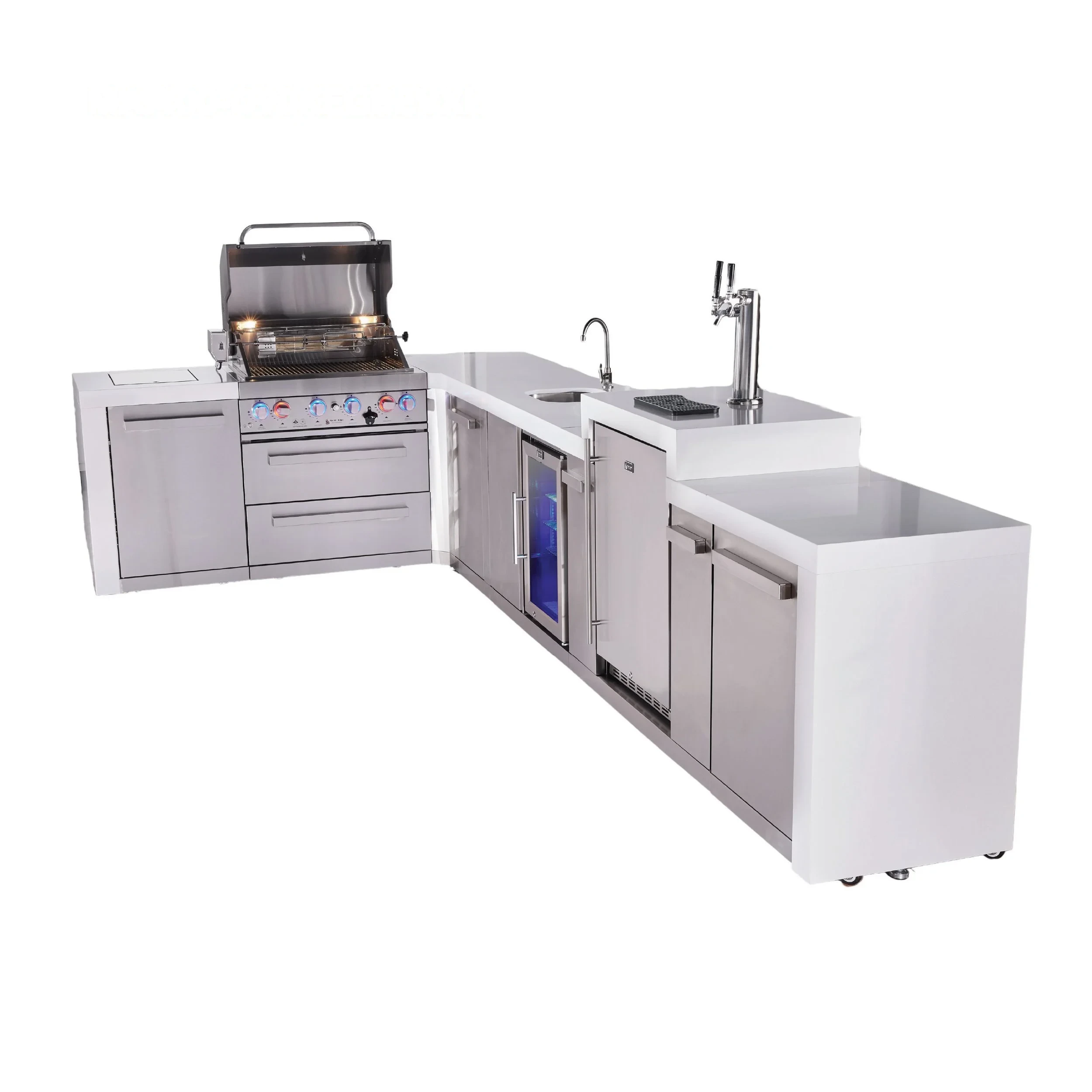 4-burner L-shaped Deluxe Series Outdoor Kitchen Island With Beverage Center And Kegerator Module Plus Extra Storage Cabinet MAI400D90KEGBEVXL