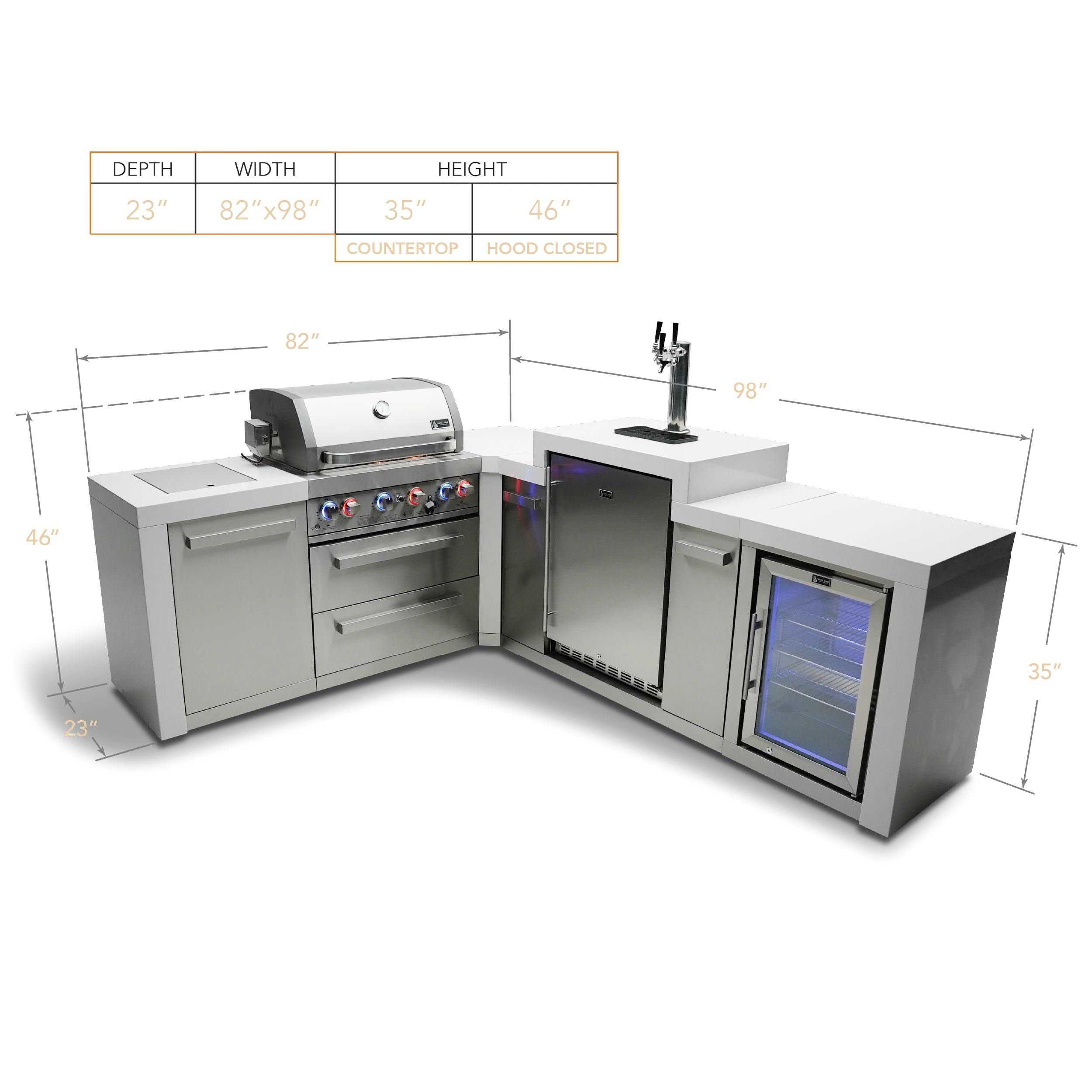 4-burner Deluxe Island With A 90-degree Corner, Kegerator And Fridge Cabinet MAI400D90KEGFC