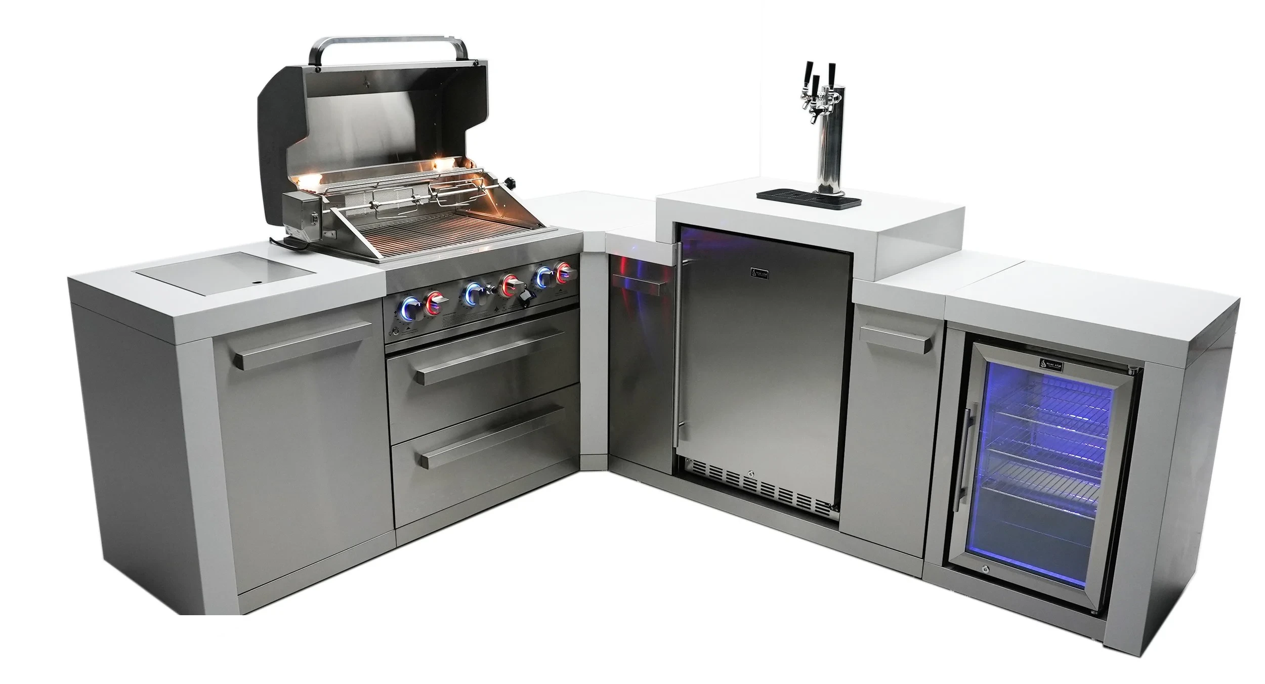 4-burner Deluxe Island With A 90-degree Corner, Kegerator And Fridge Cabinet MAI400D90KEGFC