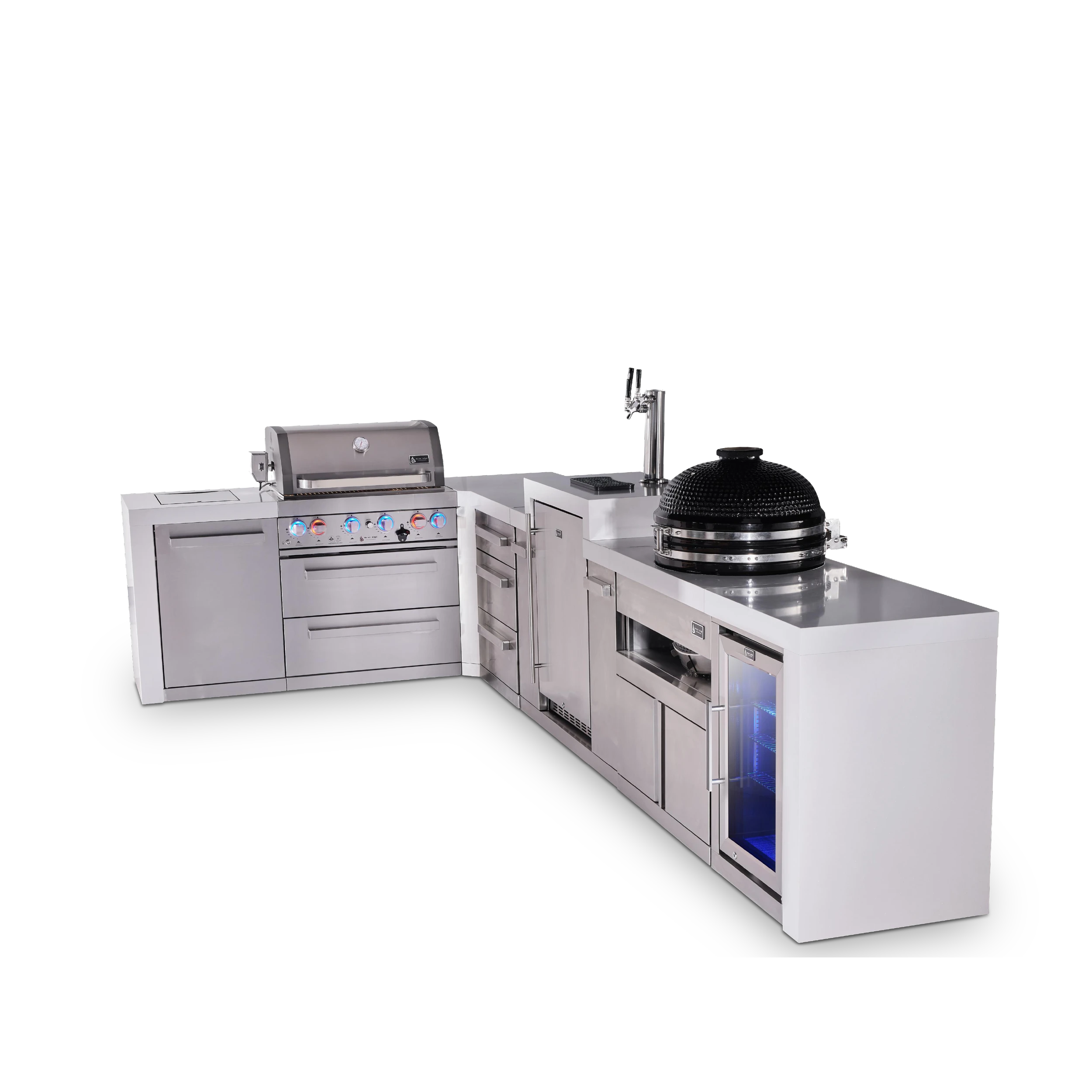 4-burner L-shaped Deluxe Series Outdoor Kitchen Island With Kegerator, Kamado And Corner Fridge Module MAI400D90KEGFCKAMDR
