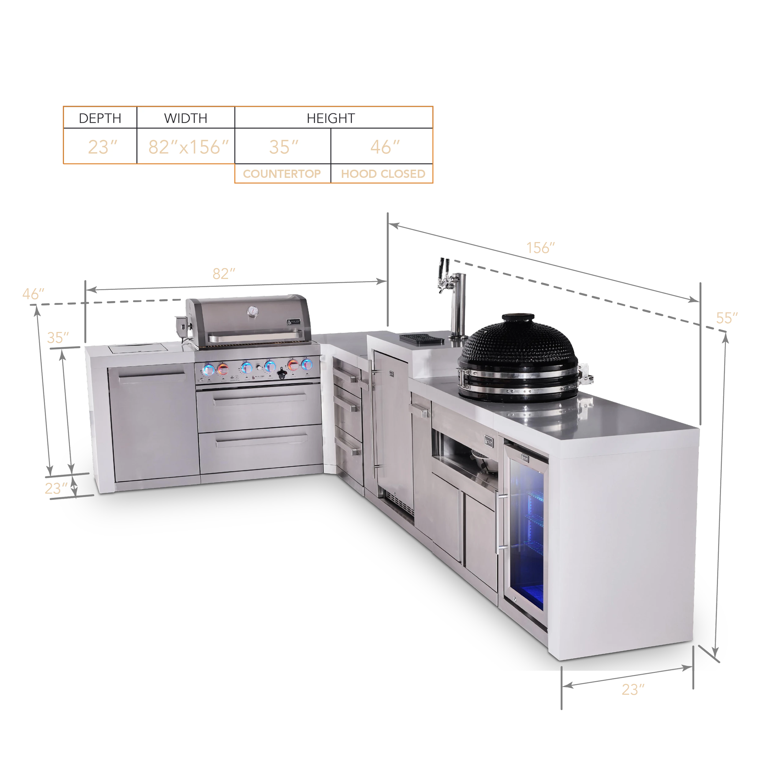 4-burner L-shaped Deluxe Series Outdoor Kitchen Island With Kegerator, Kamado And Corner Fridge Module MAI400D90KEGFCKAMDR