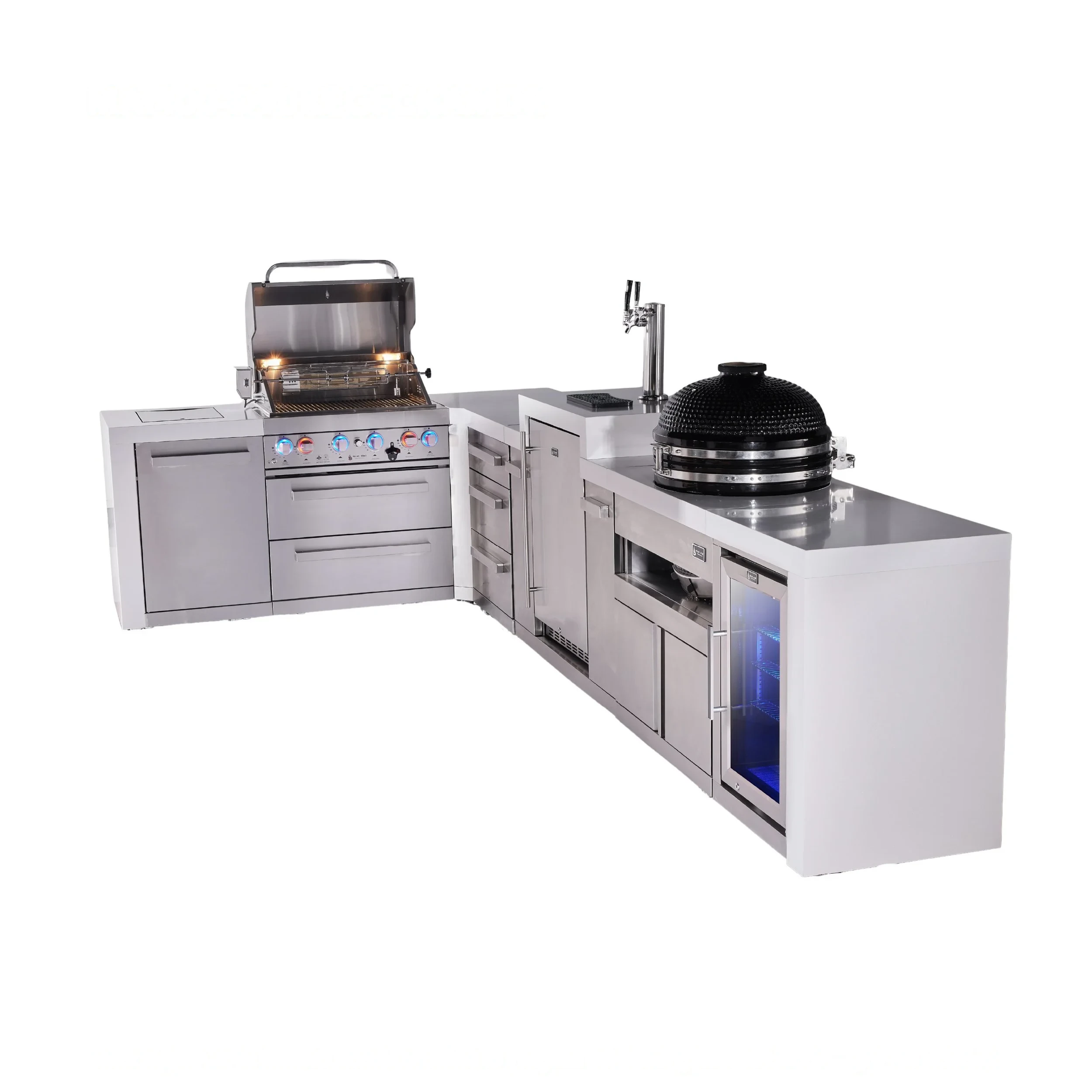 4-burner L-shaped Deluxe Series Outdoor Kitchen Island With Kegerator, Kamado And Corner Fridge Module MAI400D90KEGFCKAMDR