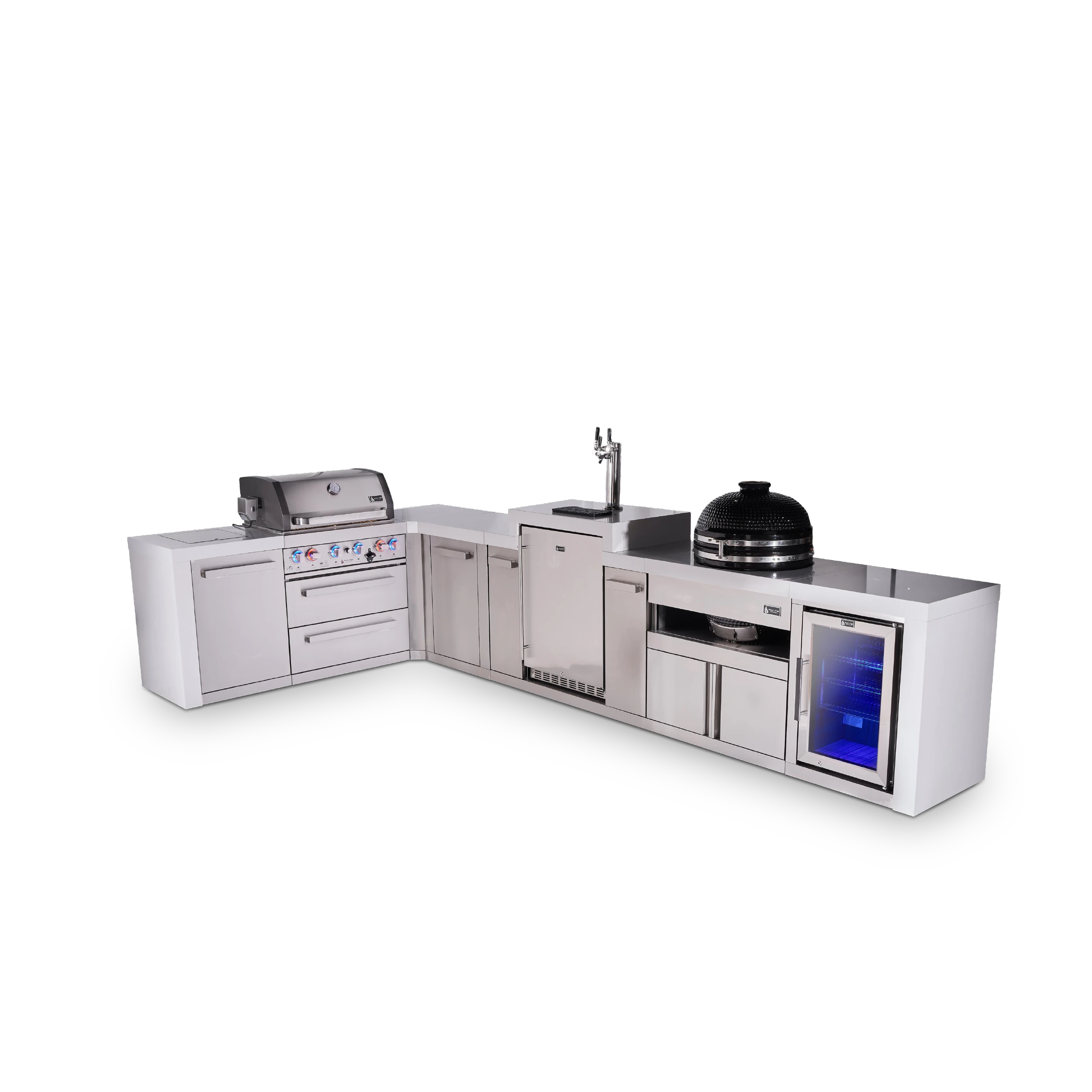 4-burner L-shaped Deluxe Series Outdoor Kitchen Island With Kegerator, Kamado And Corner Fridge Module Plus Extra Storage Cabinet MAI400D90KEGFCKAMXL