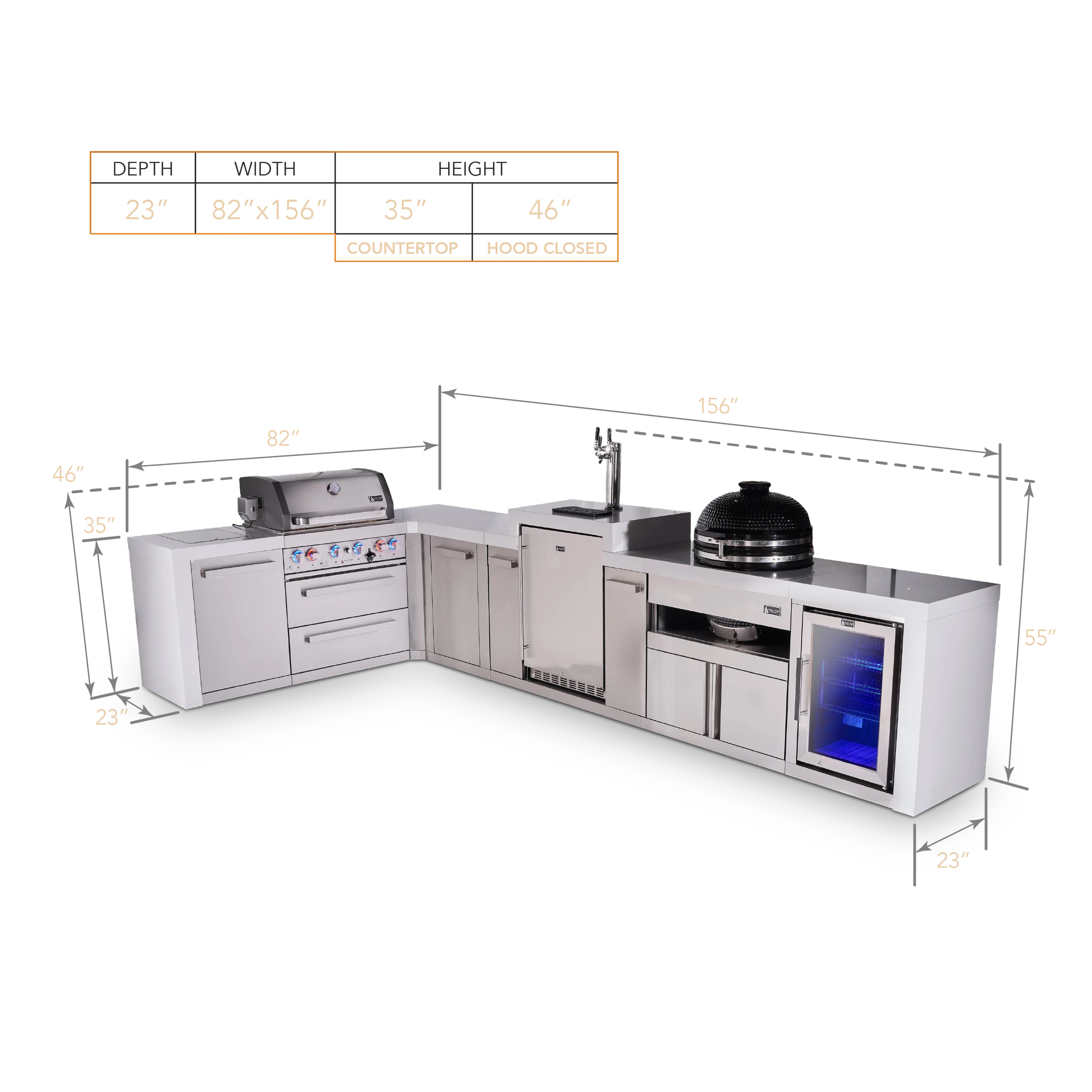 4-burner L-shaped Deluxe Series Outdoor Kitchen Island With Kegerator, Kamado And Corner Fridge Module Plus Extra Storage Cabinet MAI400D90KEGFCKAMXL