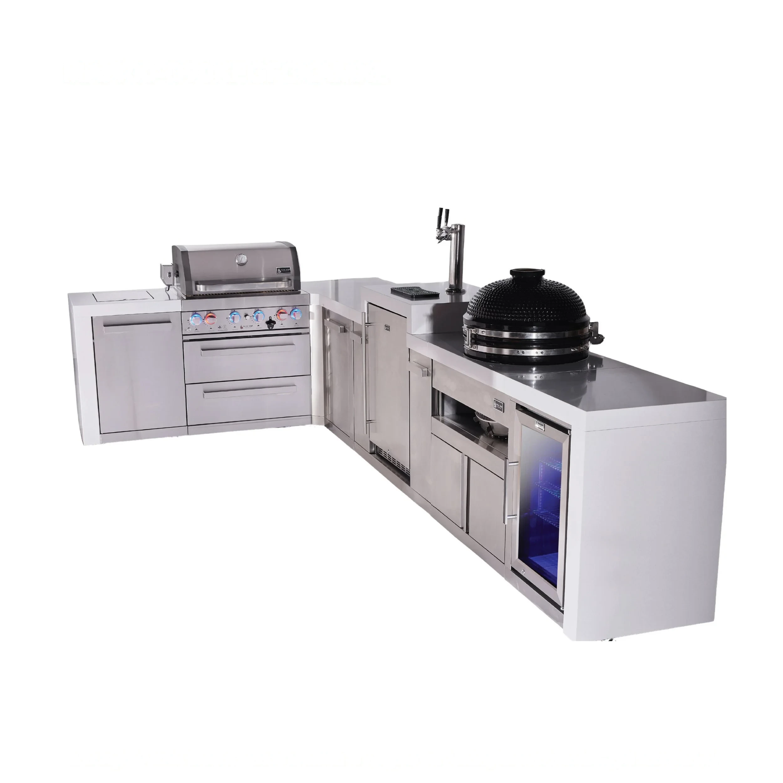 4-burner L-shaped Deluxe Series Outdoor Kitchen Island With Kegerator, Kamado And Corner Fridge Module Plus Extra Storage Cabinet MAI400D90KEGFCKAMXL