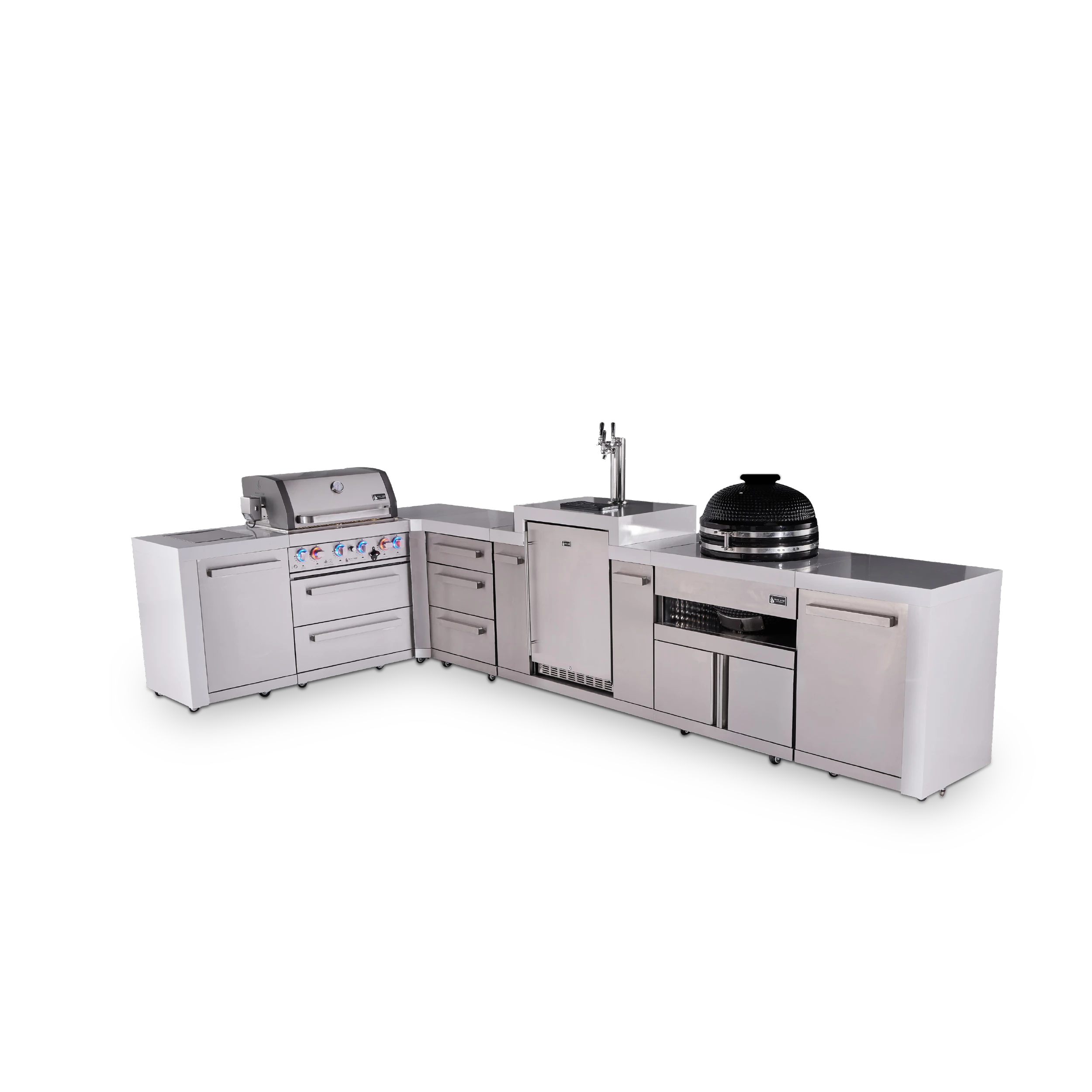 4-burner L-shaped Deluxe Series Outdoor Kitchen Island With Kegerator, Kamado And Extra Drawer Slides Cabinet MAI400D90KEGKAMDR