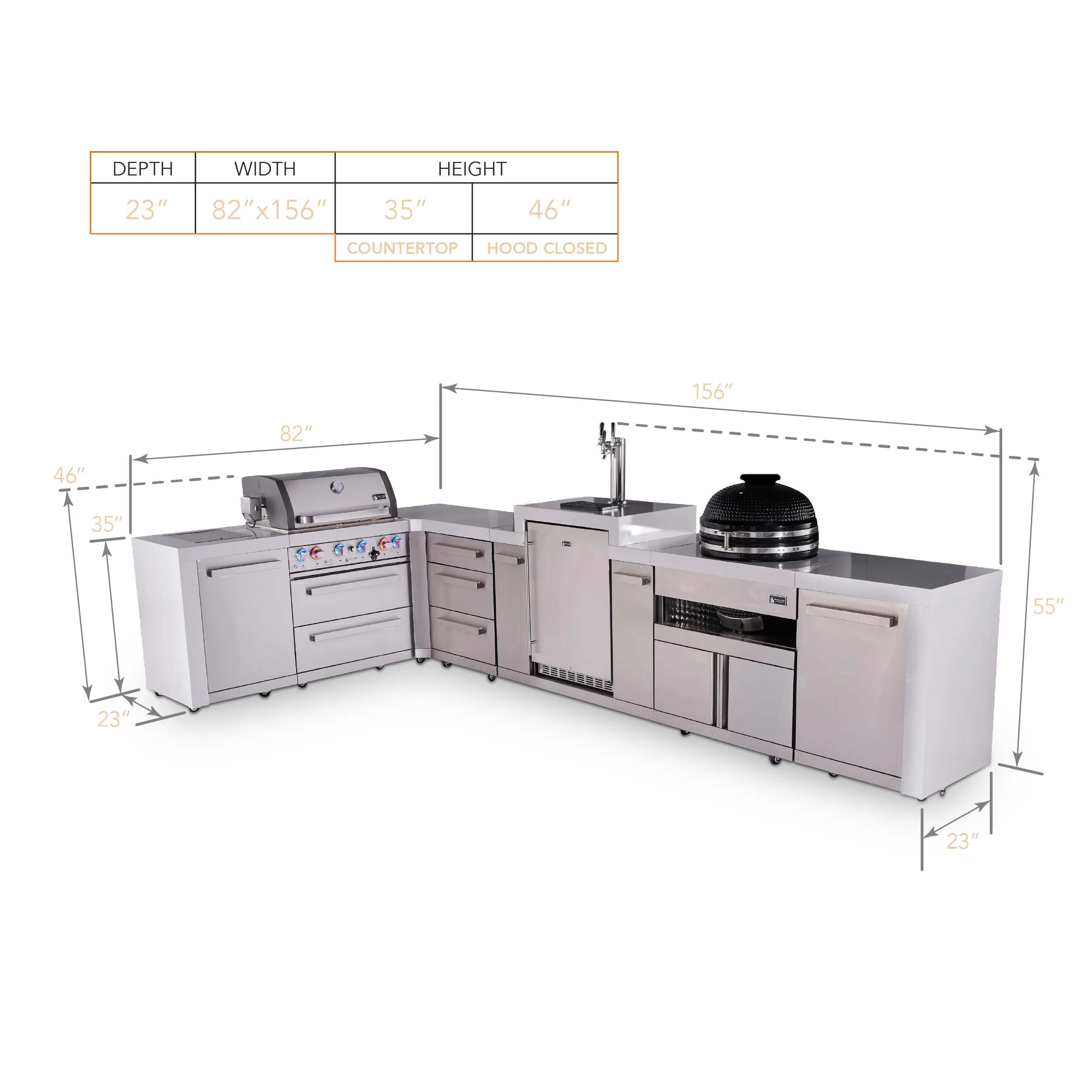 4-burner L-shaped Deluxe Series Outdoor Kitchen Island With Kegerator, Kamado And Extra Drawer Slides Cabinet MAI400D90KEGKAMDR