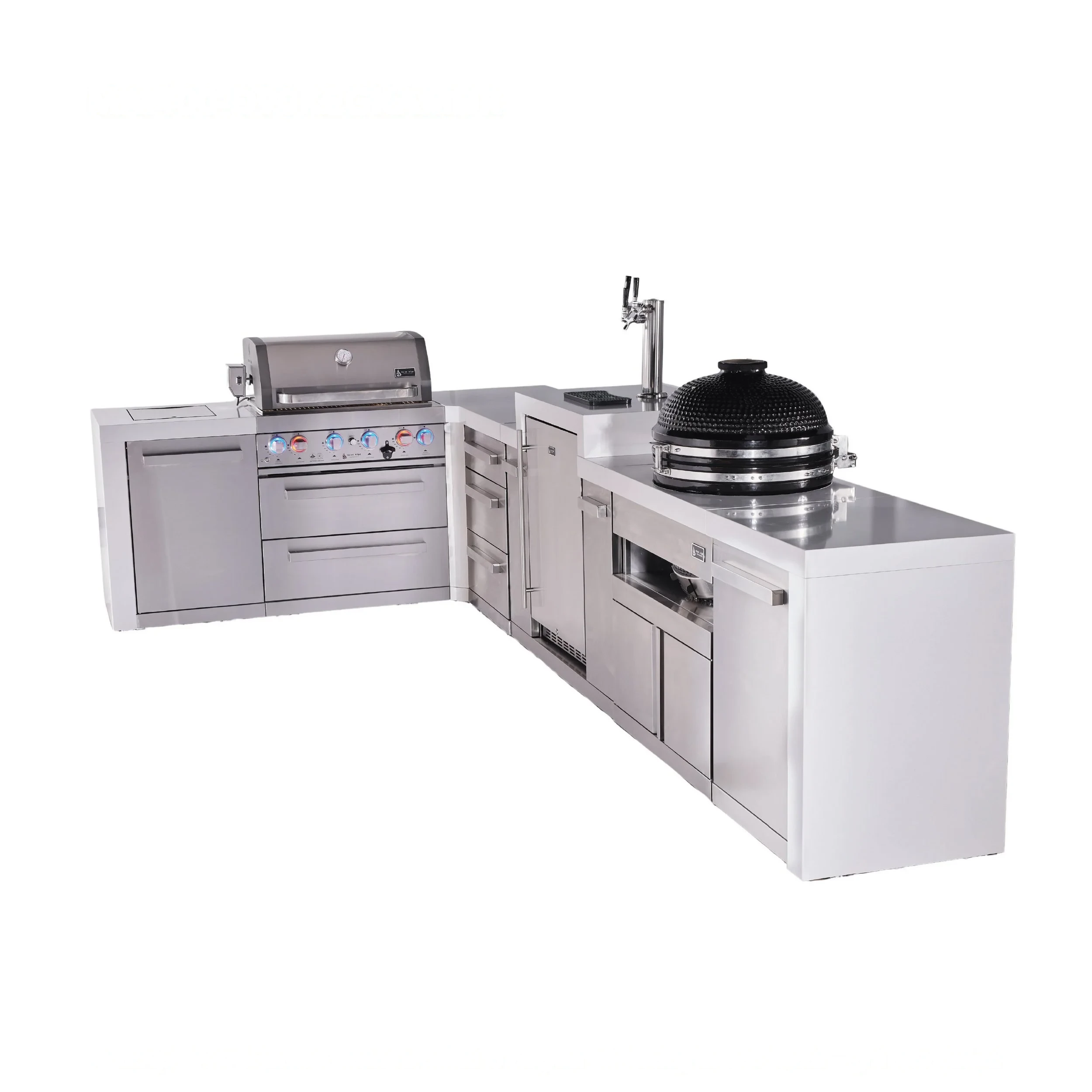 4-burner L-shaped Deluxe Series Outdoor Kitchen Island With Kegerator, Kamado And Extra Drawer Slides Cabinet MAI400D90KEGKAMDR