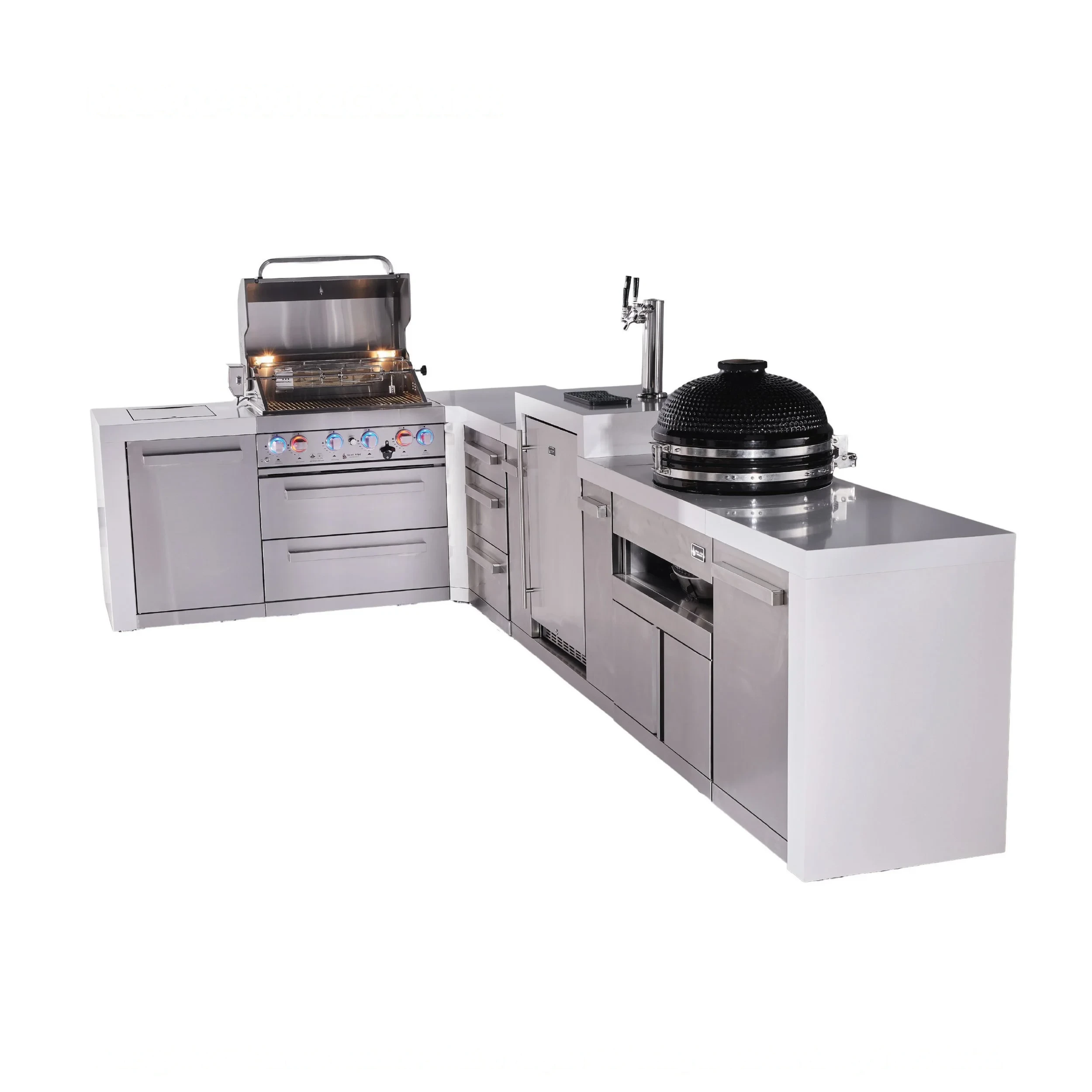 4-burner L-shaped Deluxe Series Outdoor Kitchen Island With Kegerator, Kamado And Extra Drawer Slides Cabinet MAI400D90KEGKAMDR