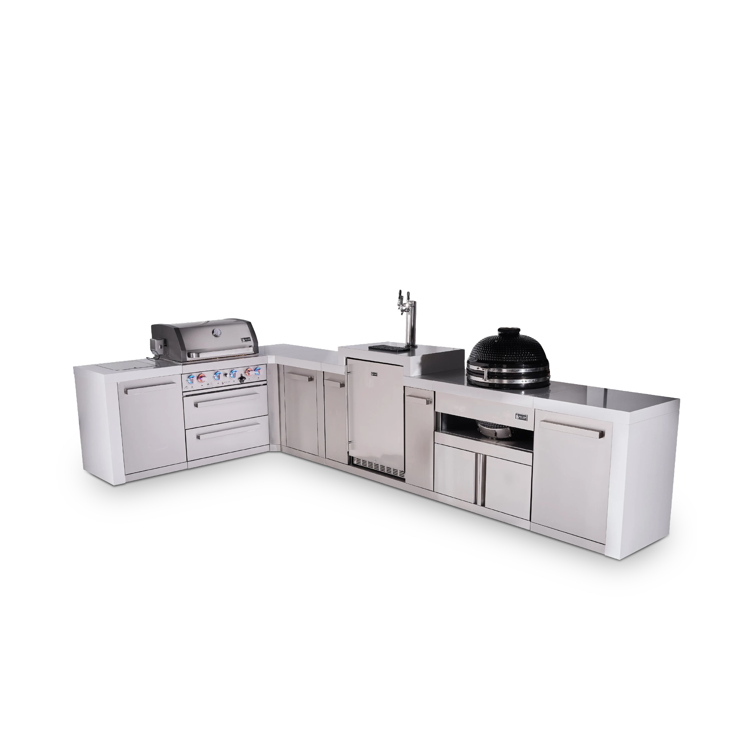 4-burner L-shaped Deluxe Series Outdoor Kitchen Island With Kegerator, Kamado And Extra Storage Cabinet MAI400D90KEGKAMXL