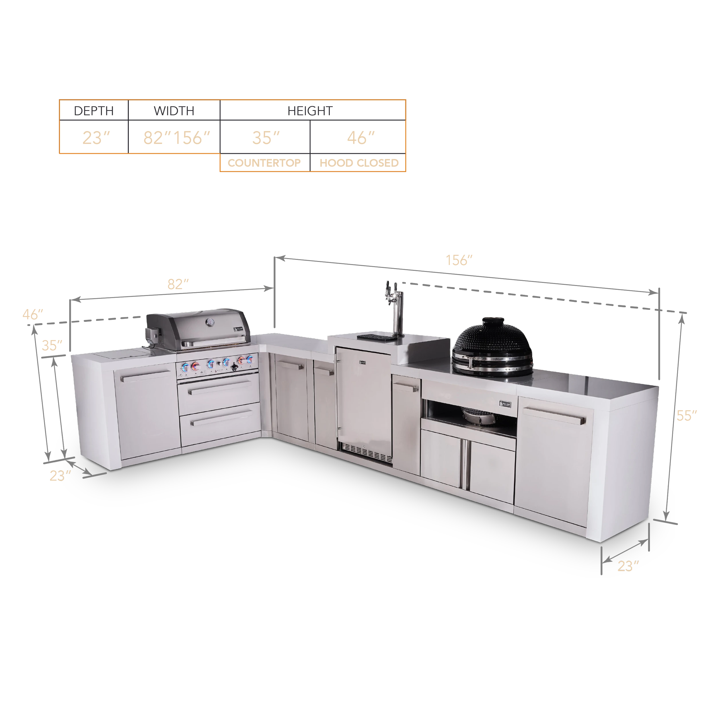 4-burner L-shaped Deluxe Series Outdoor Kitchen Island With Kegerator, Kamado And Extra Storage Cabinet MAI400D90KEGKAMXL