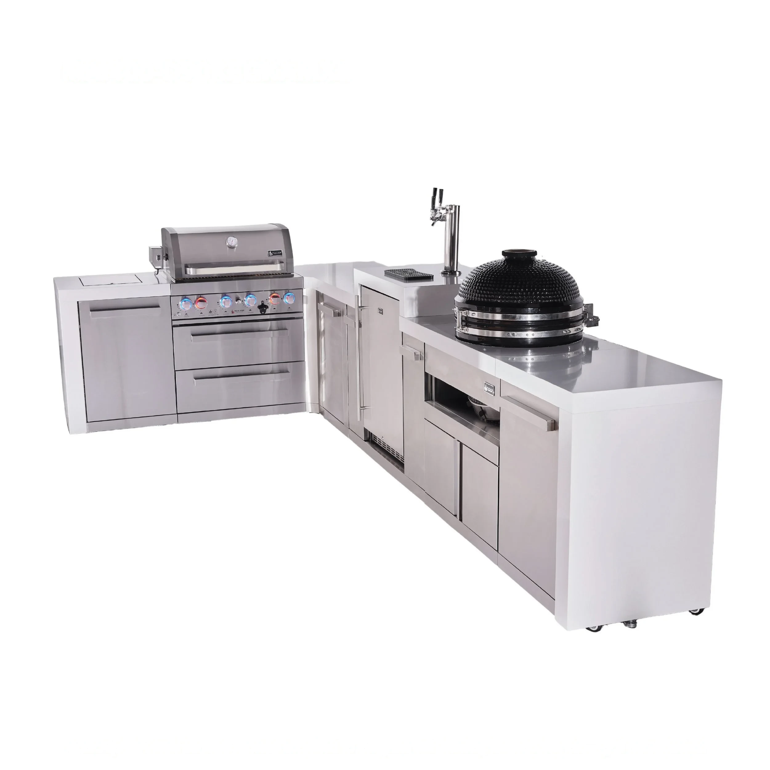 4-burner L-shaped Deluxe Series Outdoor Kitchen Island With Kegerator, Kamado And Extra Storage Cabinet MAI400D90KEGKAMXL