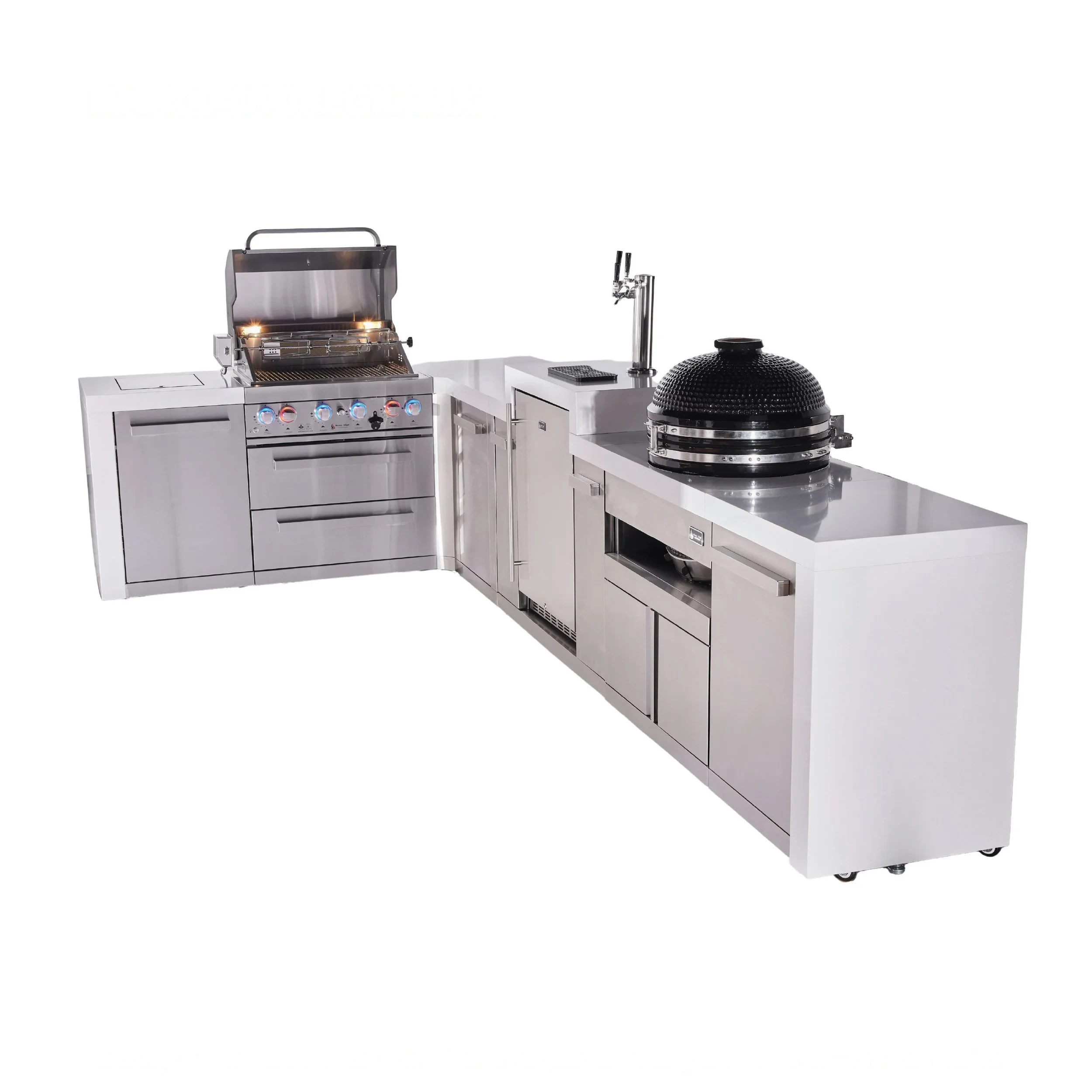 4-burner L-shaped Deluxe Series Outdoor Kitchen Island With Kegerator, Kamado And Extra Storage Cabinet MAI400D90KEGKAMXL