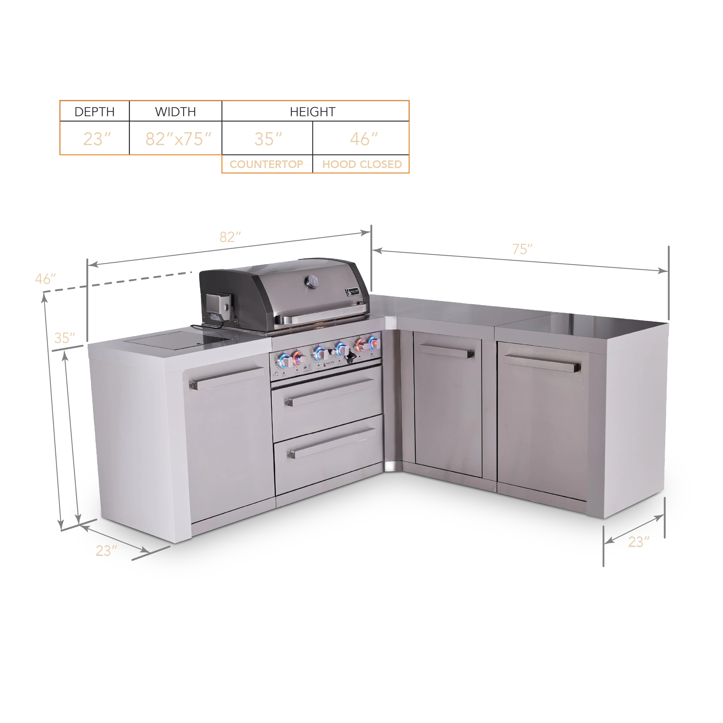 4-burner L-shaped Deluxe Series Outdoor Kitchen Island With Extra Storage Cabinet Module MAI400D90XL