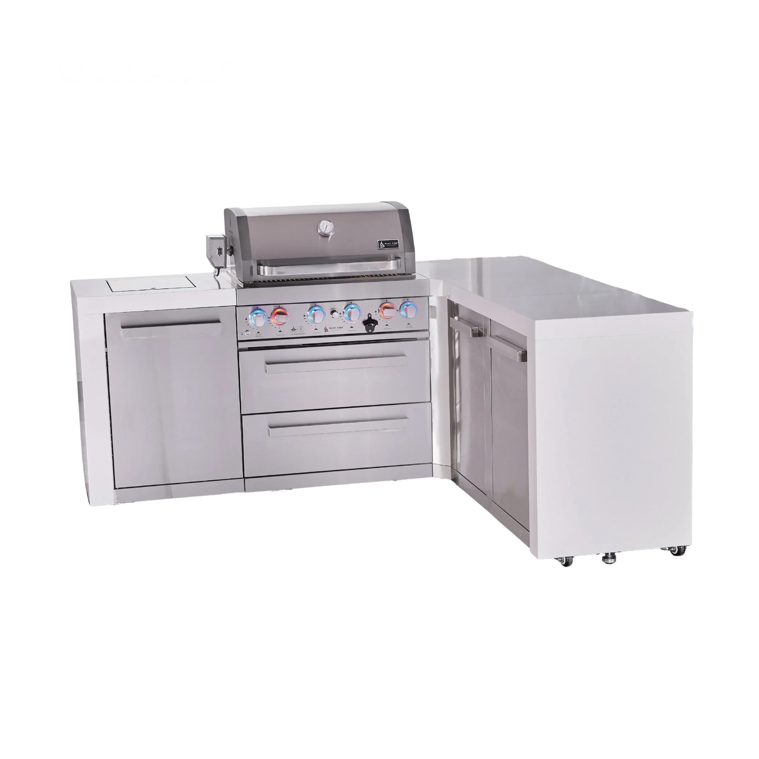 4-burner L-shaped Deluxe Series Outdoor Kitchen Island With Extra Storage Cabinet Module MAI400D90XL
